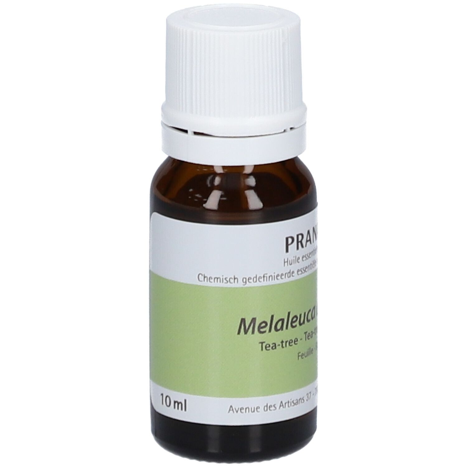 Flacone di vetro marrone con tappo bianco ed etichetta. Contiene olio essenziale. 10 ml.