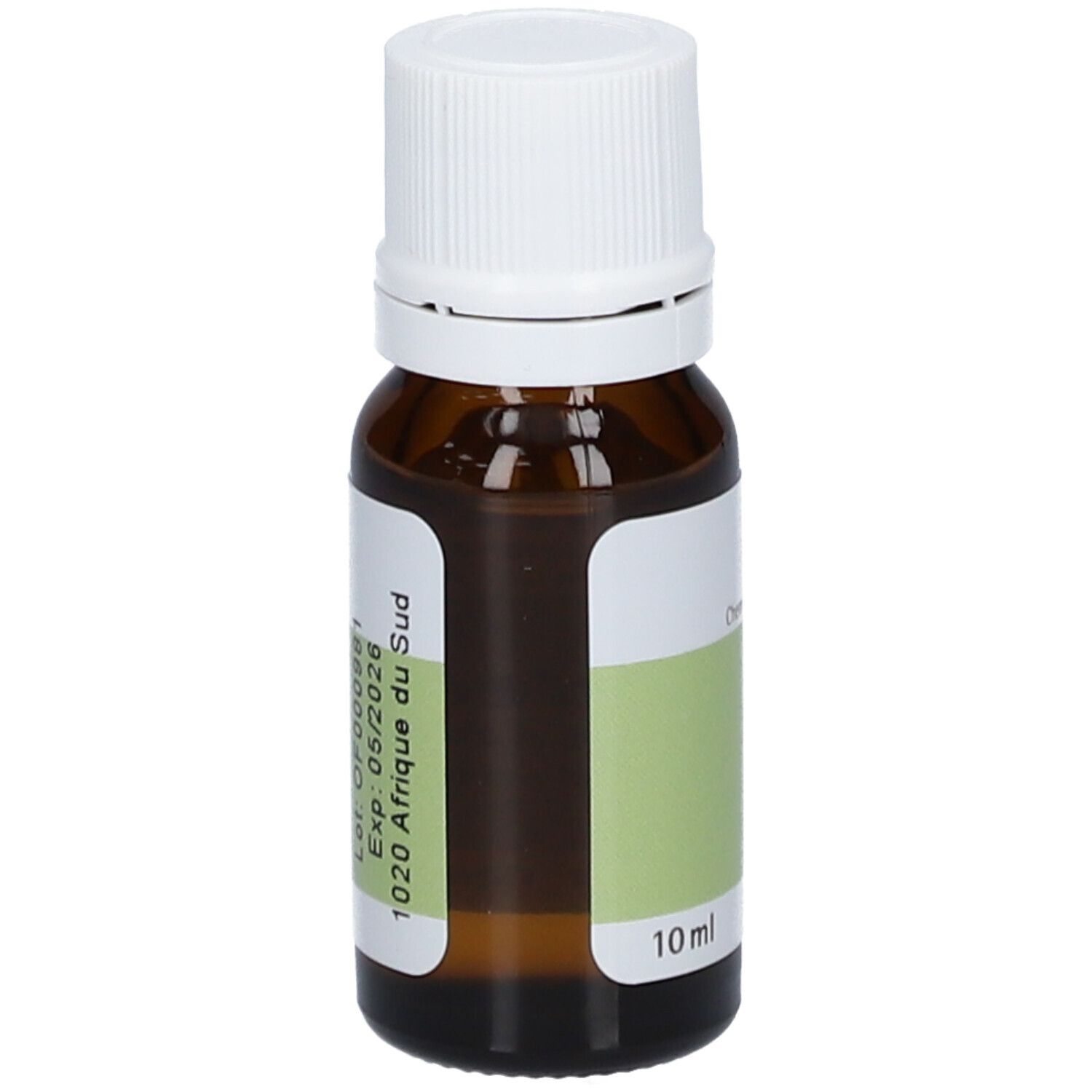 Flacone di vetro marrone con tappo bianco ed etichetta. Contiene olio essenziale. 10 ml.