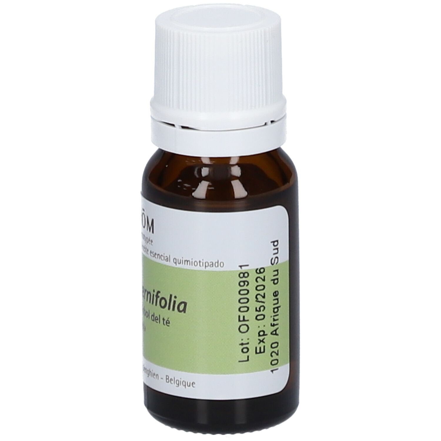 Flacone di vetro marrone con tappo bianco ed etichetta. Contiene olio essenziale. 10 ml.