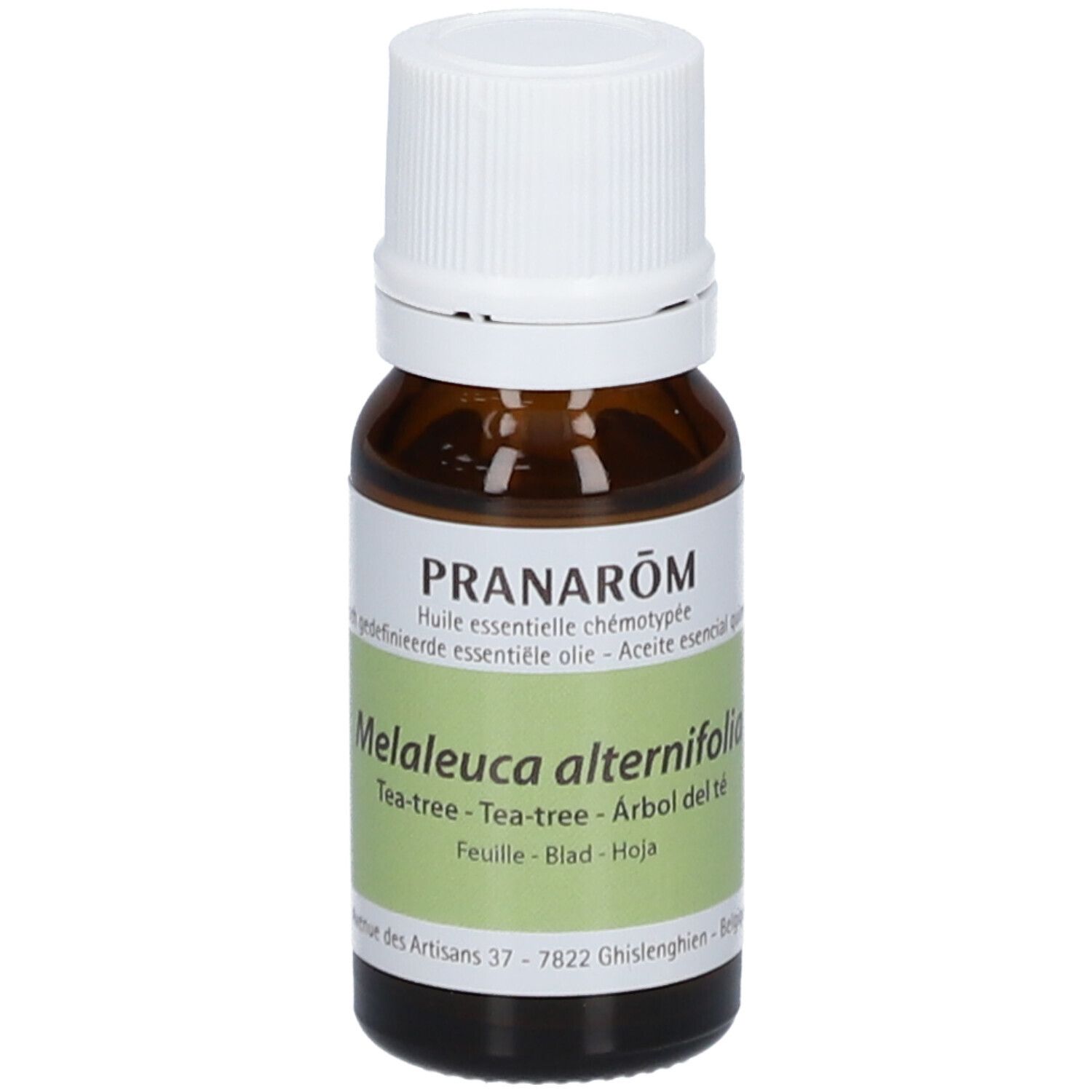 Flacone di vetro marrone con tappo bianco ed etichetta. Contiene olio essenziale. 10 ml.