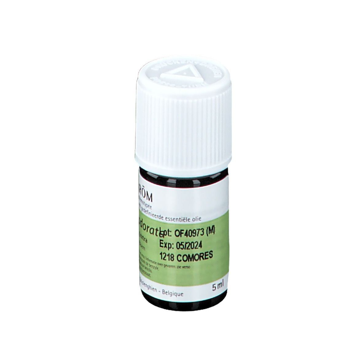 Flacone PRANAROM Ylang-Ylang extra. Etichetta verde con testo, 5ml. Scadenza 05/2024.