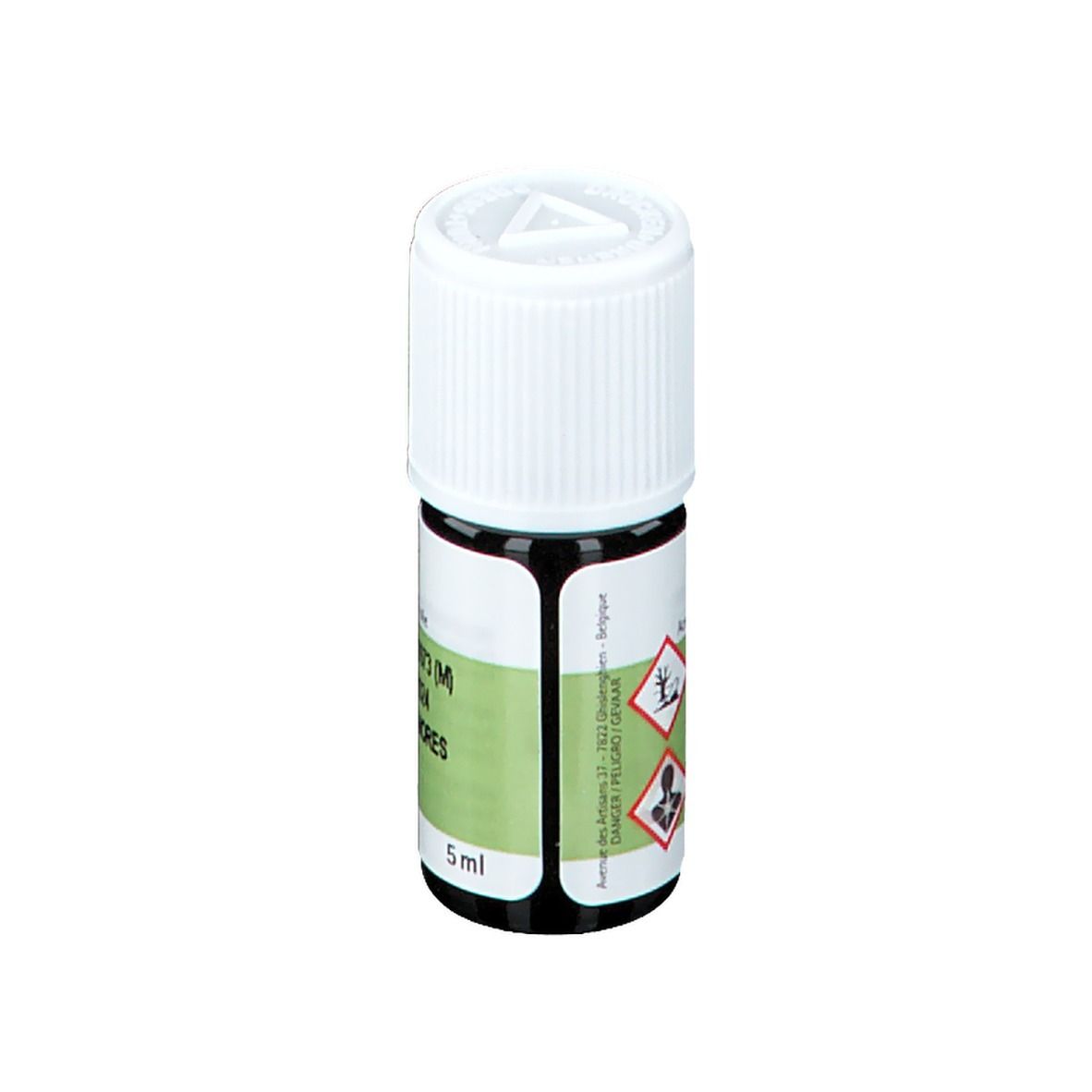 Flacone PRANAROM Ylang-Ylang extra. Etichetta verde con testo e simboli di pericolo, 5ml.