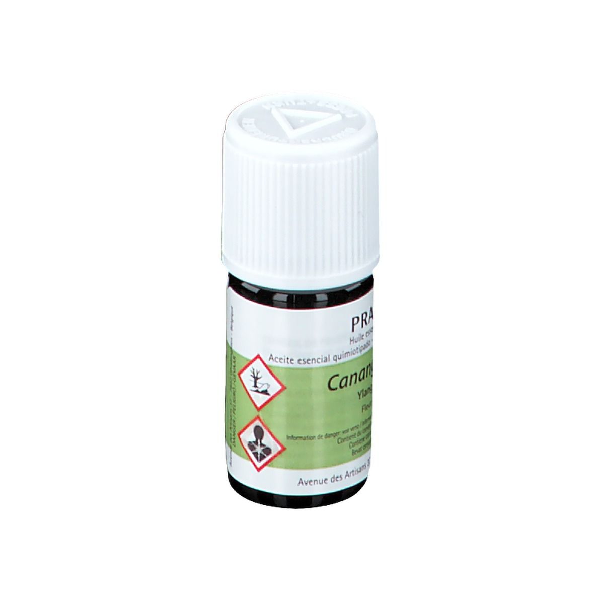 Flacone PRANAROM Ylang-Ylang extra. Etichetta verde con testo e simboli di pericolo.