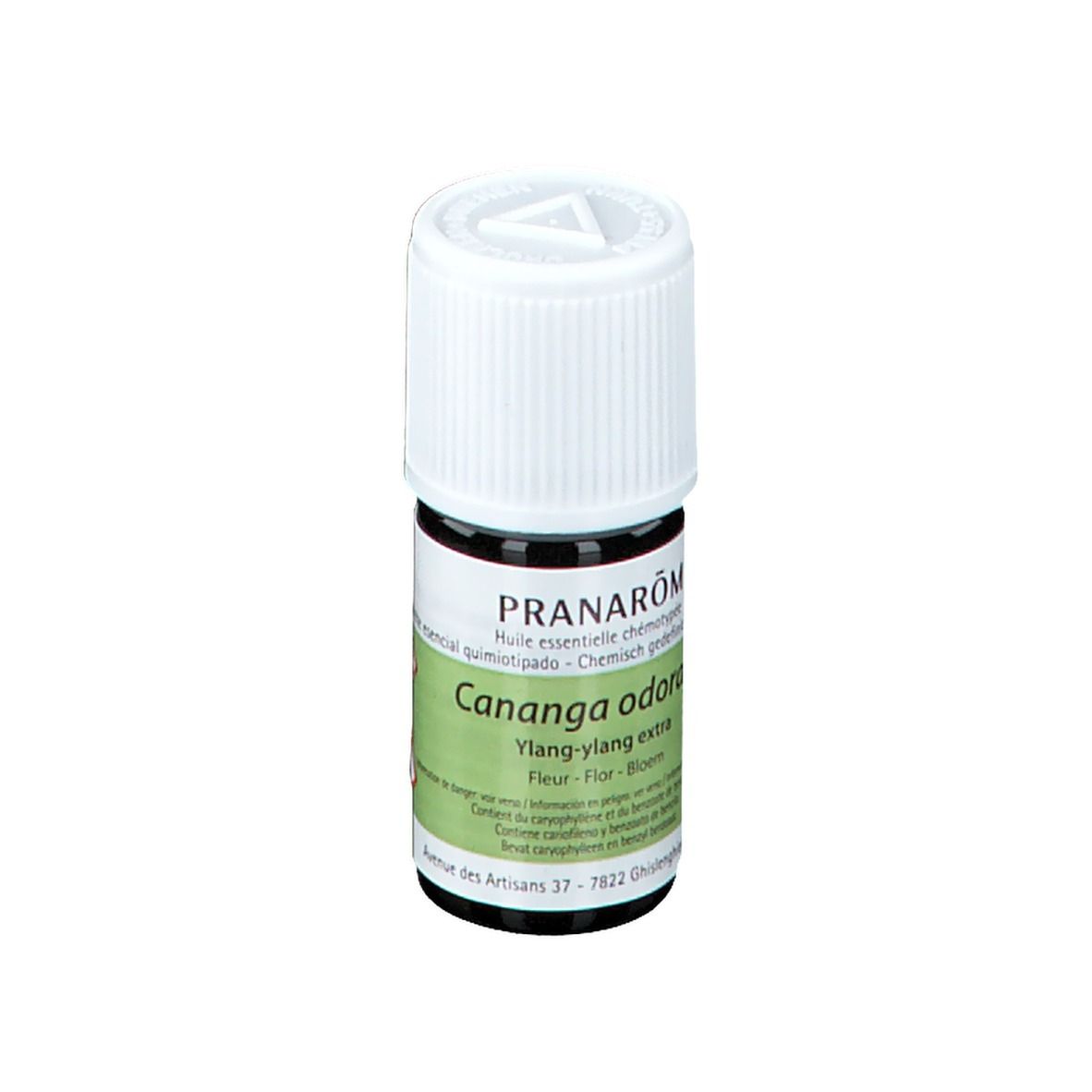 Flacone PRANAROM Ylang-Ylang extra. Etichetta verde con testo.