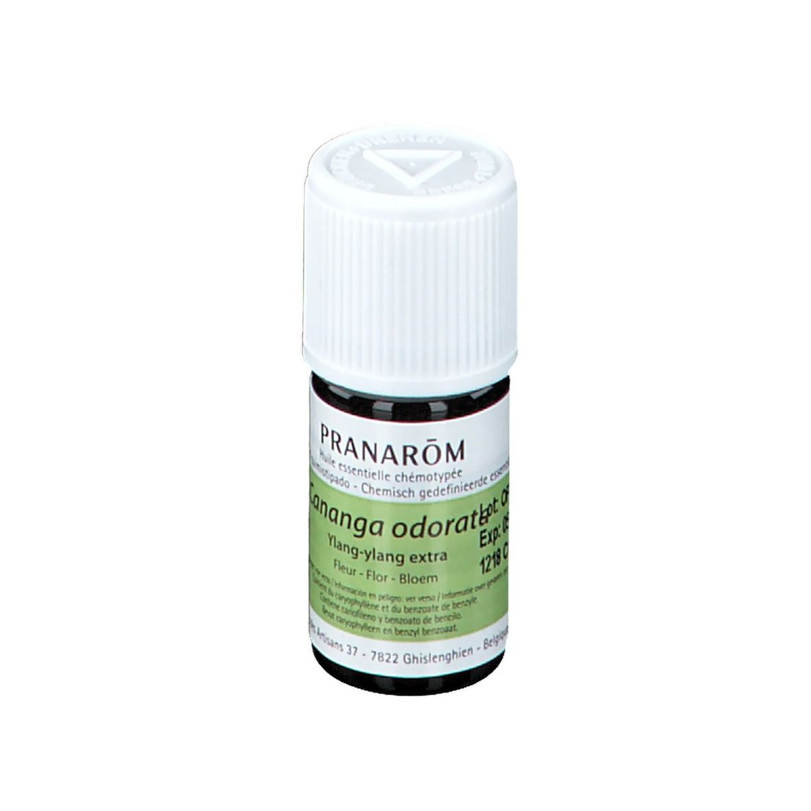 Flacone PRANAROM Ylang-Ylang extra. Etichetta verde con testo, 5ml.