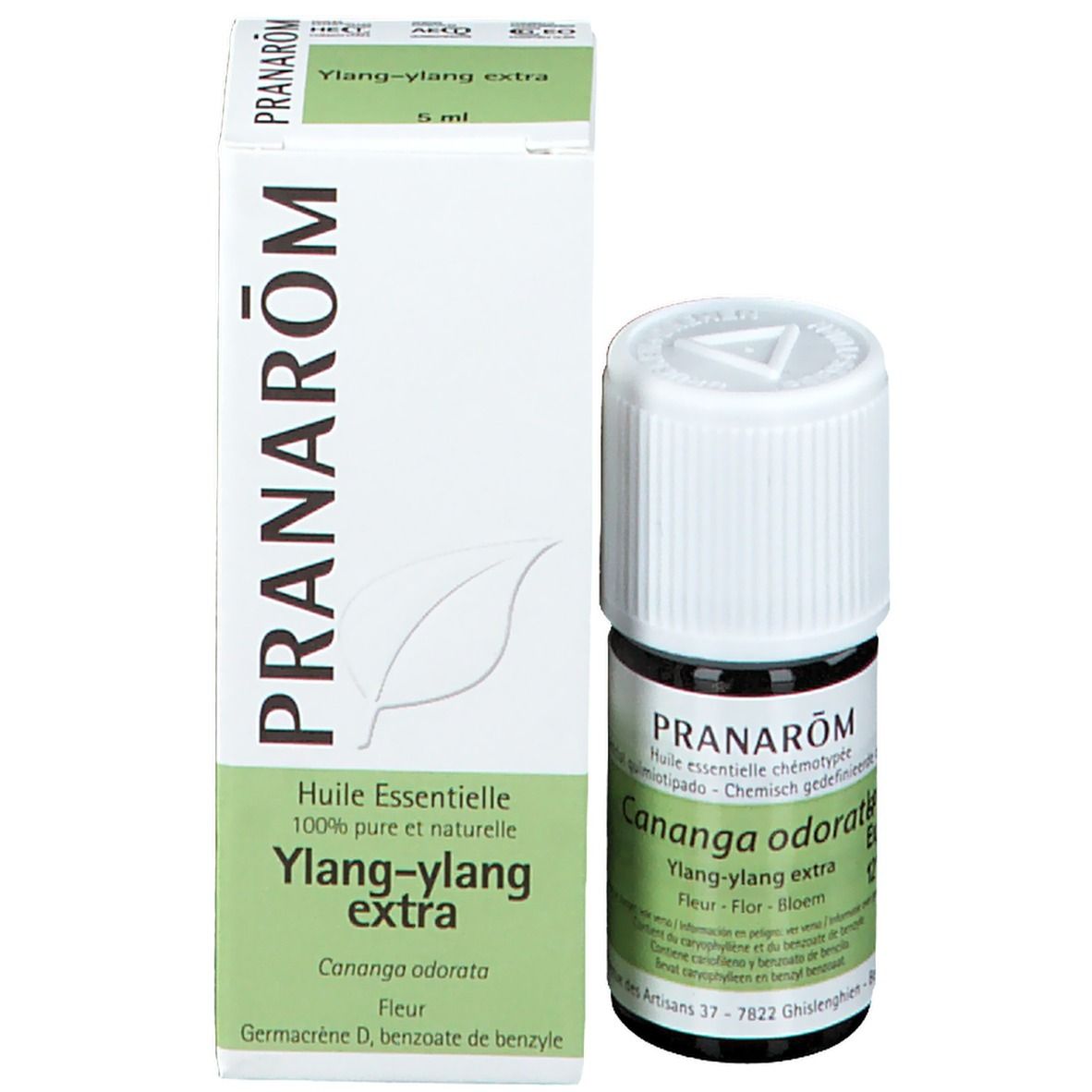 Flacone e confezione PRANAROM Ylang-Ylang extra. Flacone e scatola con testo.