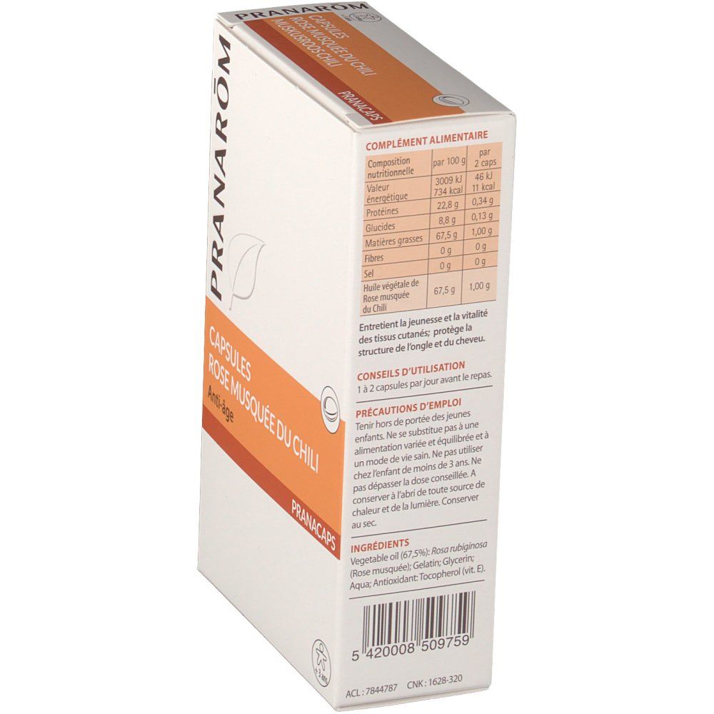 Confezione in cartone con informazioni sul prodotto. Scritta: Pranarom, Capsules Rose Musquée du Chili, Anti-âge. Dettagli nutrizionali.