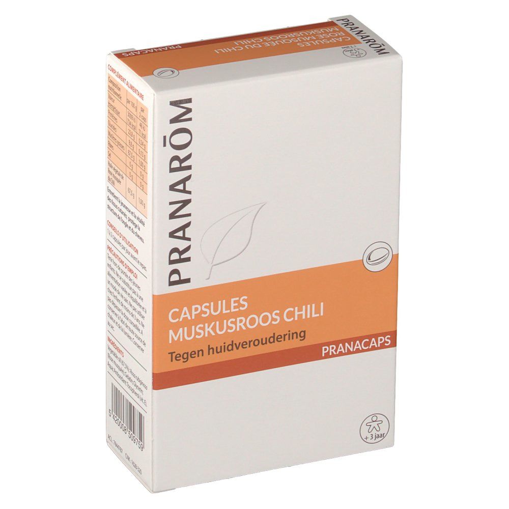 Confezione in cartone, bianca e arancione. Scritta: Pranarom, Capsules Muskusroos Chili, Tegen huidveroudering. Logo.
