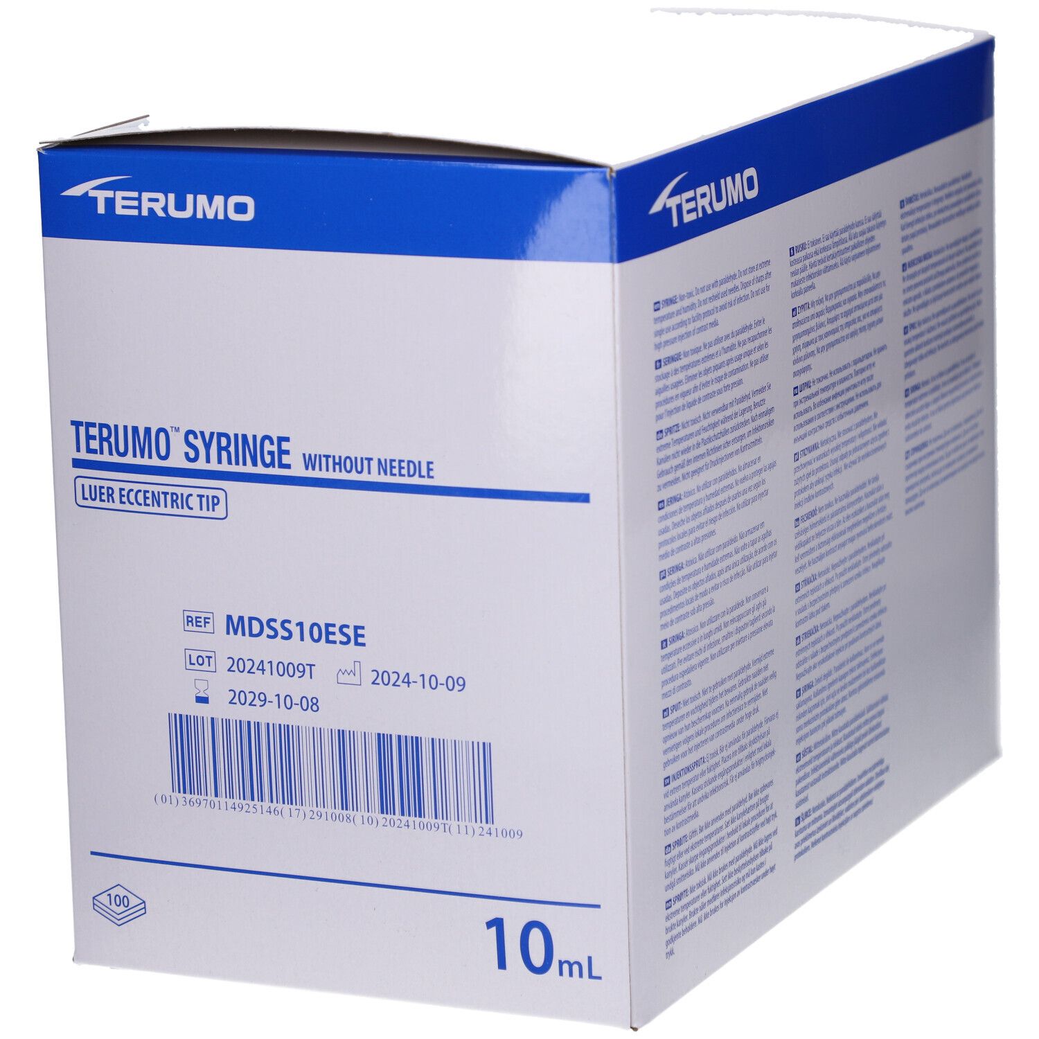 Confezione di siringhe Terumo con informazioni sul prodotto. Numero di lotto, data di scadenza e volume di 10 ml visibili.