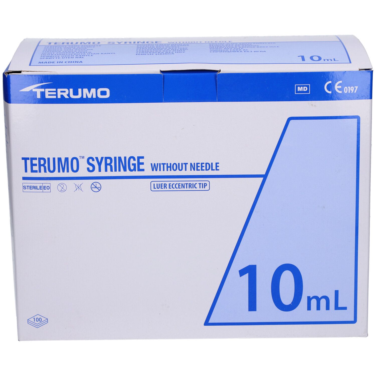 Confezione di siringhe Terumo. Logo e nome del prodotto 'SYRINGE WITHOUT NEEDLE'. Volume di 10 ml.