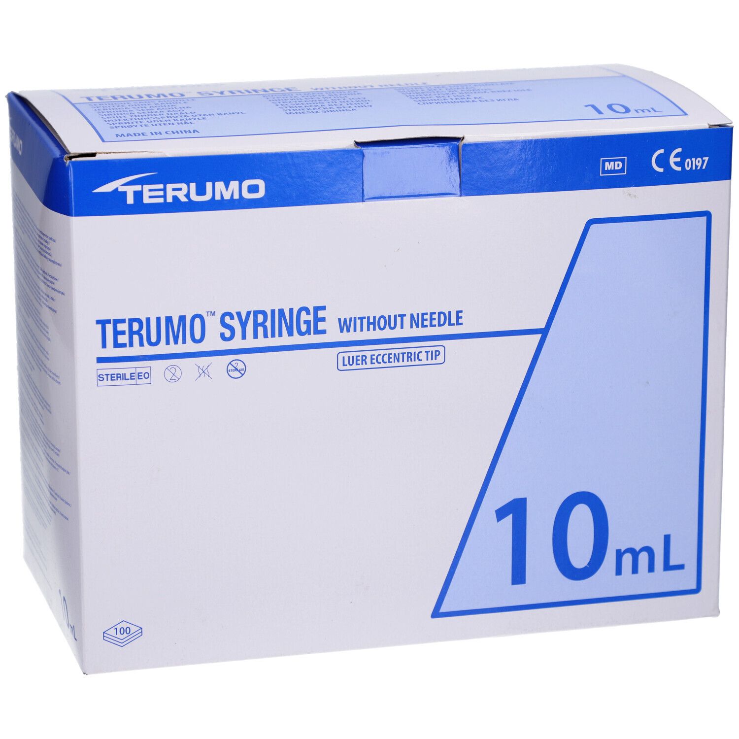 Confezione di siringhe Terumo. Logo e nome del prodotto 'SYRINGE WITHOUT NEEDLE'. Volume di 10 ml.