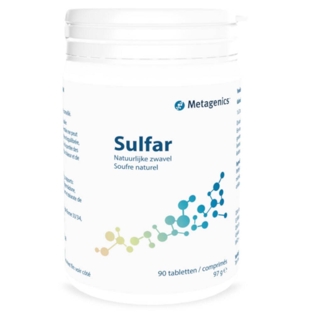 Barattolo bianco Sulfar. Logo Metagenics. 90 compresse. Zolfo naturale.