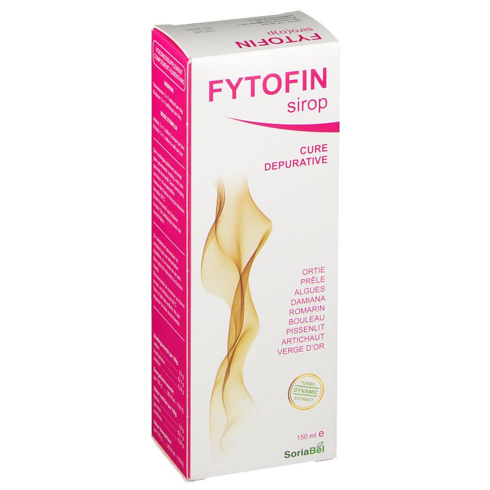 Scatola bianca con dettagli rosa. Scritto: Fytofin sirop. Contiene erbe. 150 ml. Logo SoriaBel.