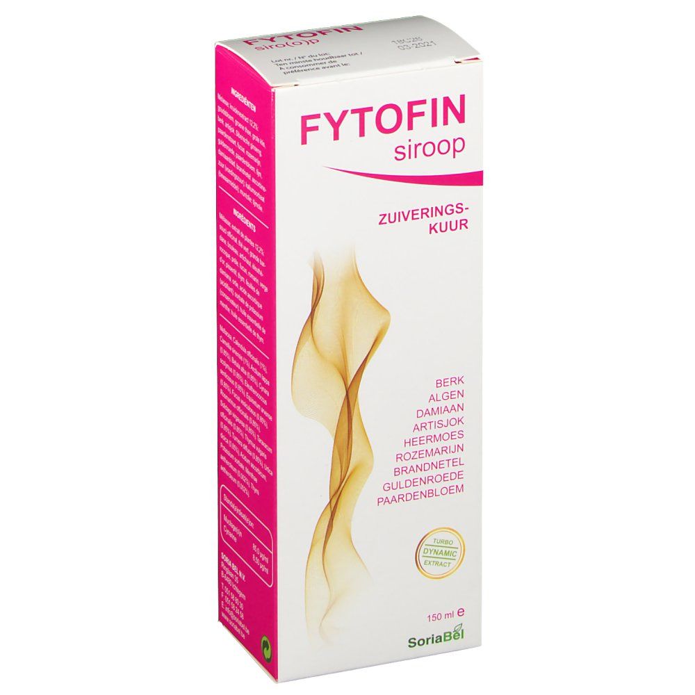 Scatola bianca con dettagli rosa. Scritto: Fytofin sirop. Contiene erbe. 150 ml. Logo SoriaBel.