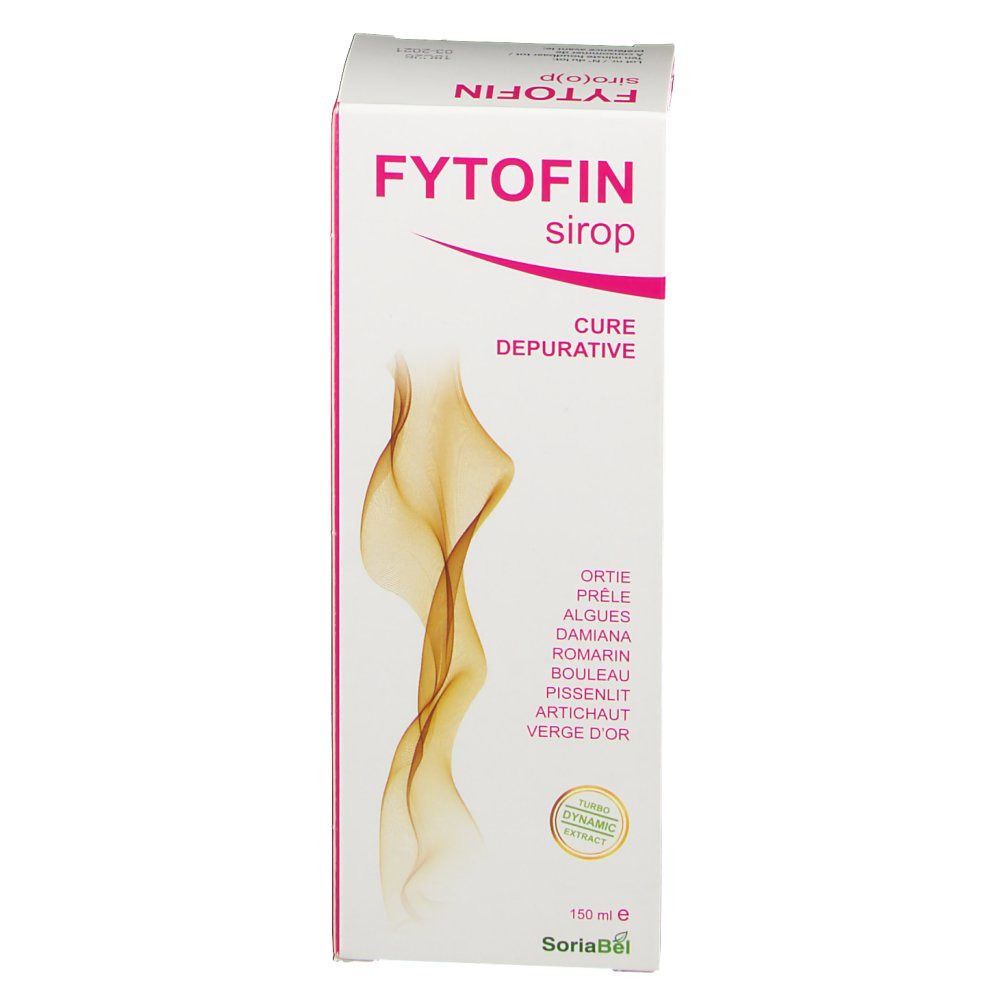 Scatola bianca con dettagli rosa. Scritto: Fytofin sirop. Contiene erbe. 150 ml. Logo SoriaBel.