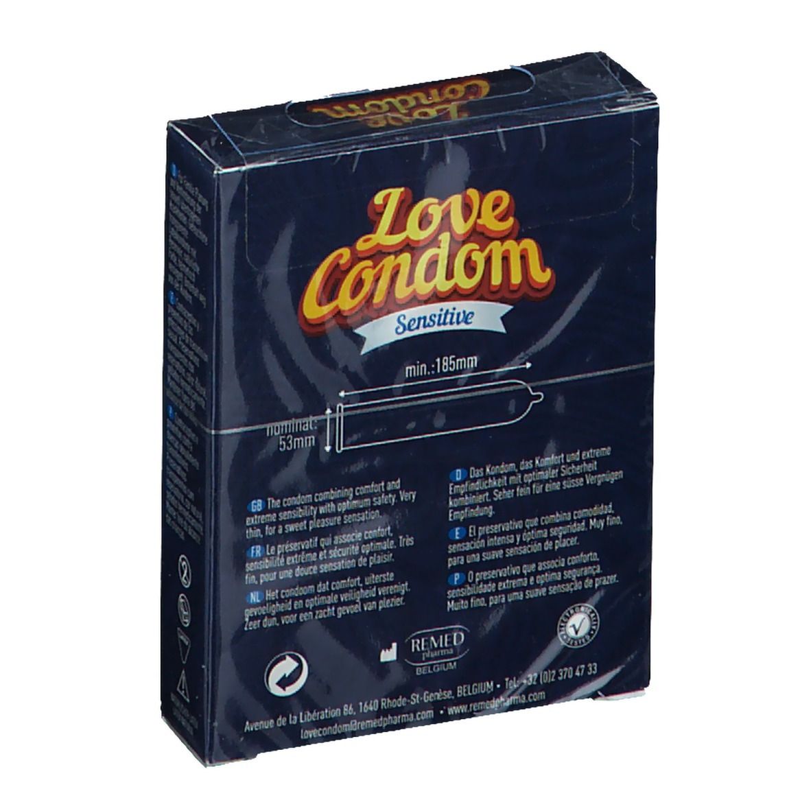 Retro della confezione Love Condom Sensitive. Scatola blu con informazioni sul prodotto e illustrazione del preservativo.