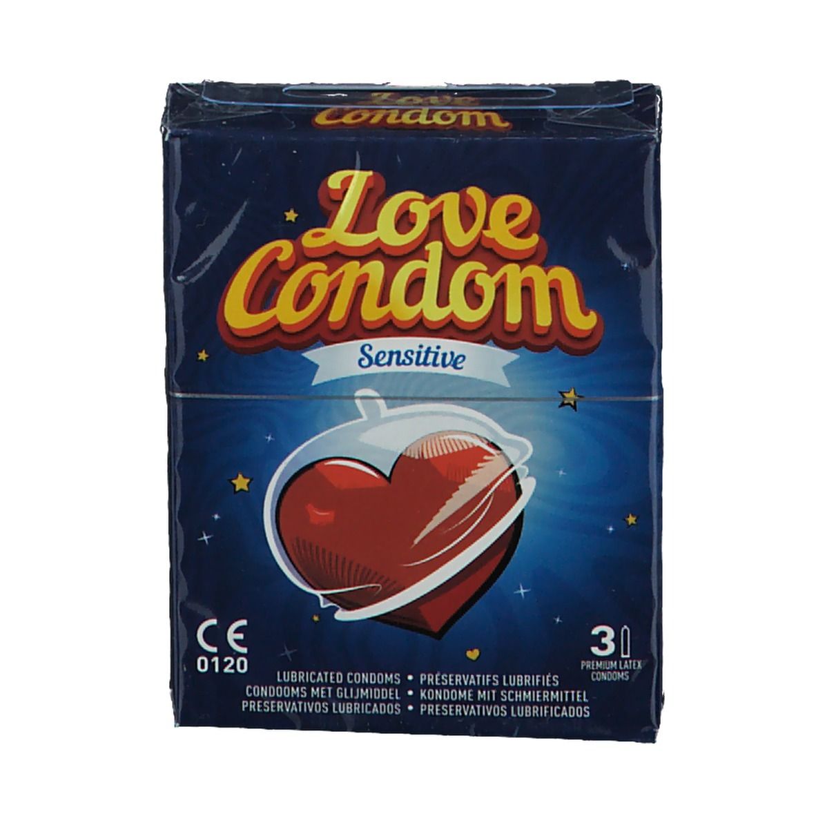 Fronte della confezione Love Condom Sensitive. Scatola blu con cuore rosso. Contiene 30 preservativi. Marchio CE.