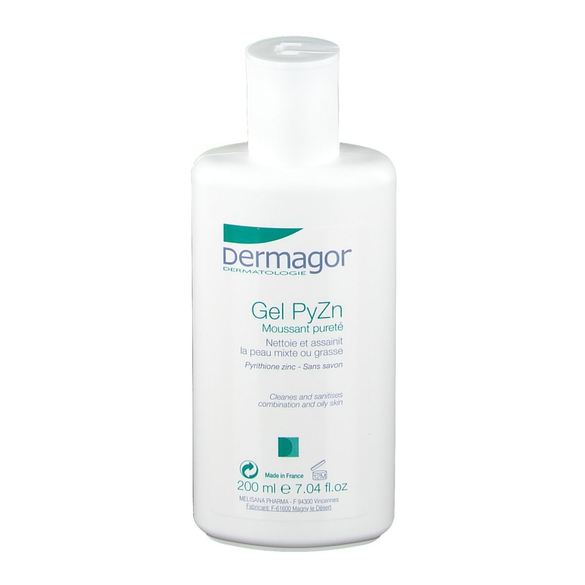 Flacone bianco con etichetta verde e bianca. Testo: Dermagor, Gel PyZn, detergente per pelli miste. 200 ml.