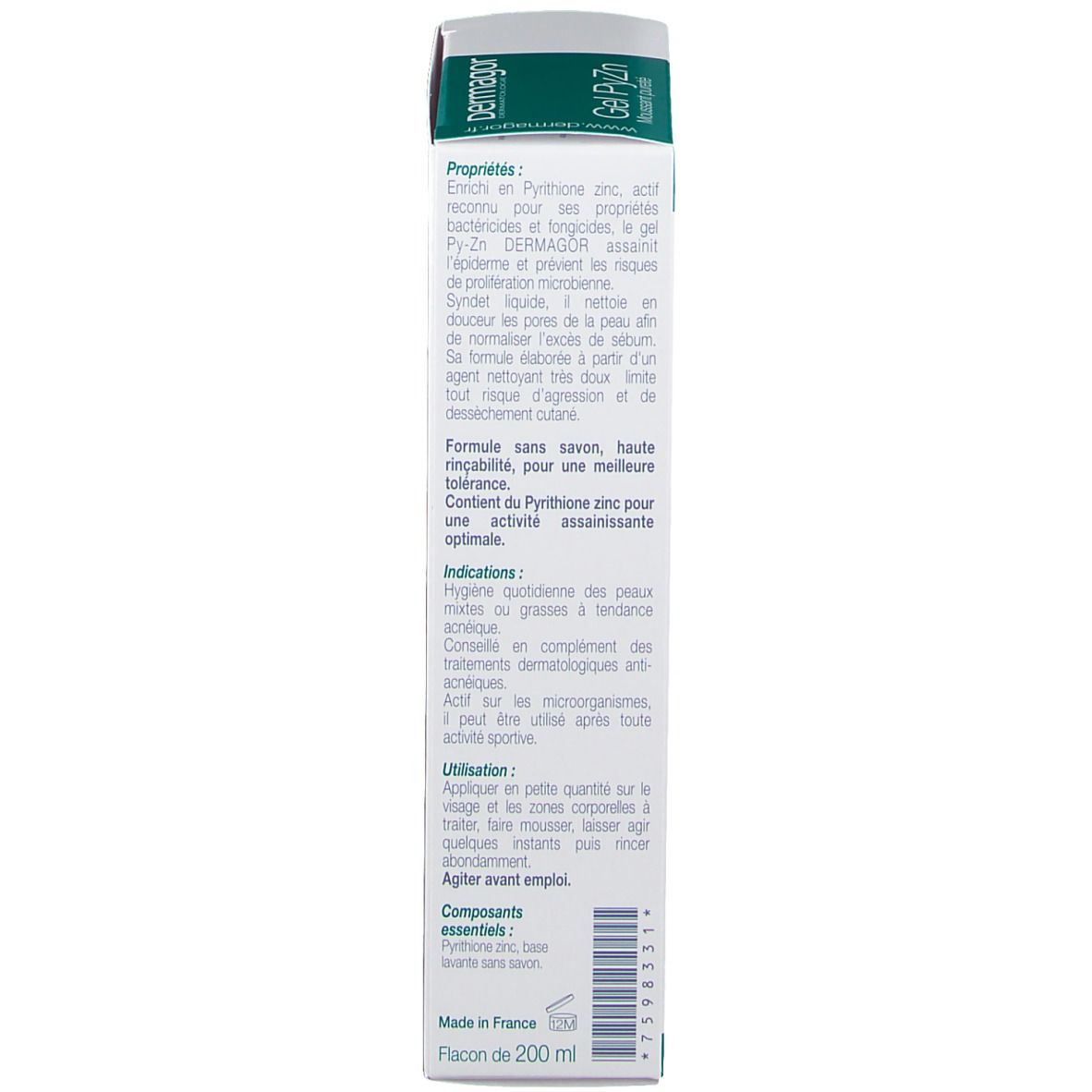 Lato della scatola con testo. Contiene informazioni e istruzioni sul prodotto. Design verde e bianco. 200 ml.