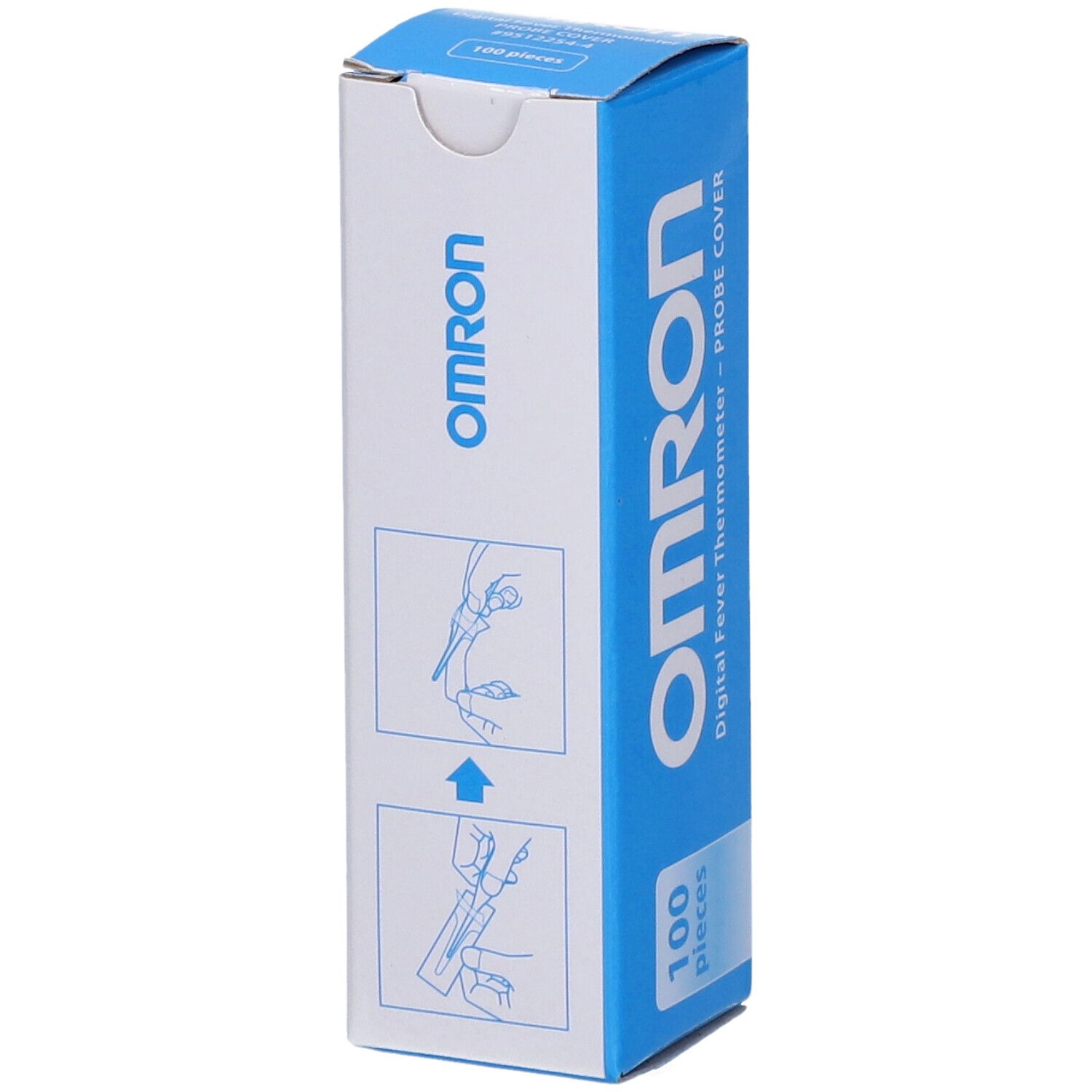 Confezione OMRON con 100 coperture per termometro digitale. Scatola blu e bianca con istruzioni per l'uso.