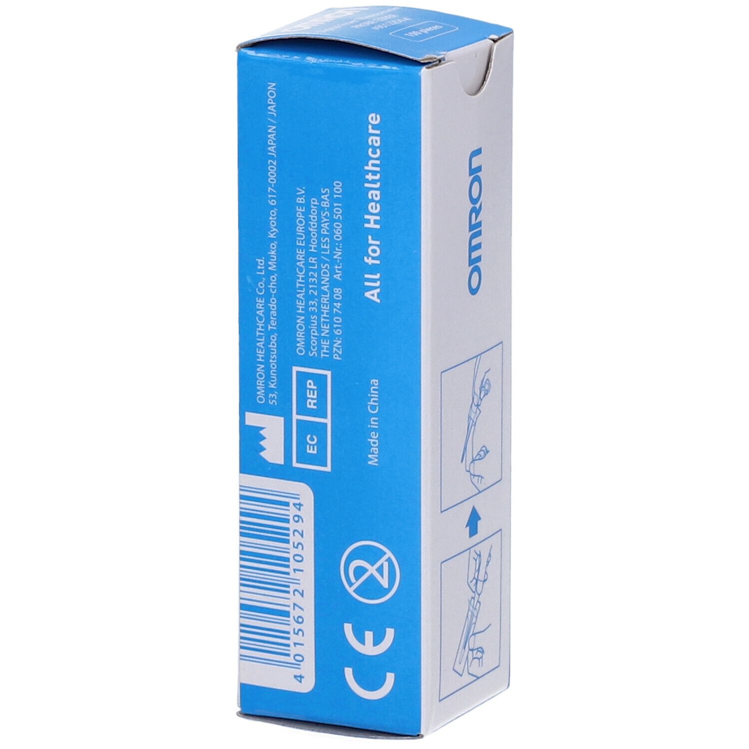 Retro della confezione OMRON con 100 coperture. Scatola blu con informazioni del produttore, marchio CE e codice a barre.