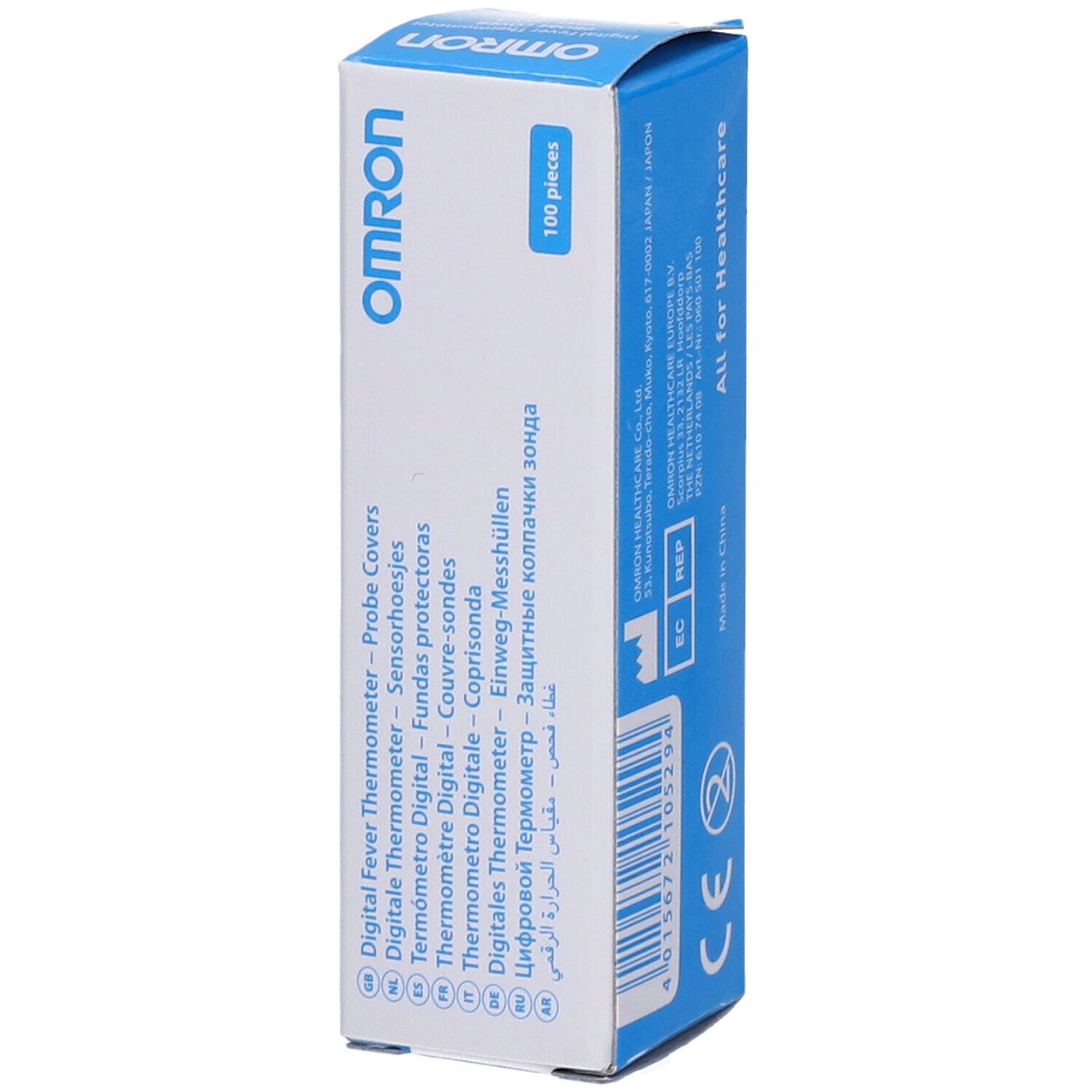 Confezione OMRON con 100 coperture per termometro digitale. Scatola blu e bianca con informazioni e marchio CE.