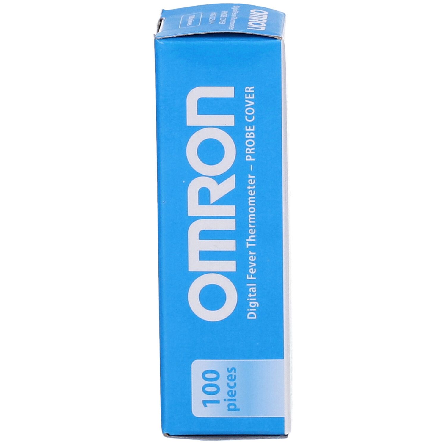Confezione OMRON con 100 coperture per termometro digitale. Scatola blu e bianca con informazioni.