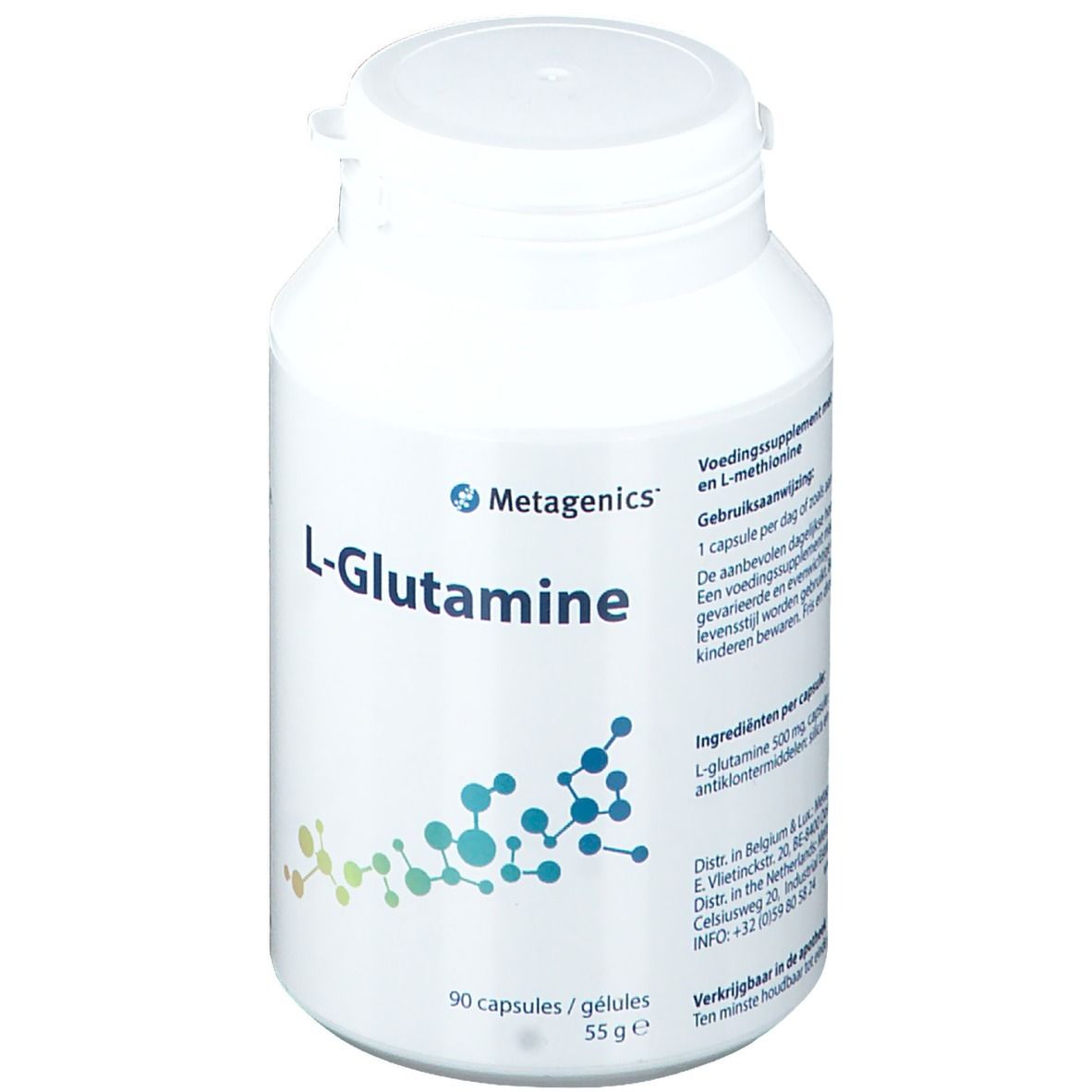 Barattolo bianco con capsule di L-Glutammina. Scritta: Metagenics, 90 capsule. Grafica molecolare blu e verde.