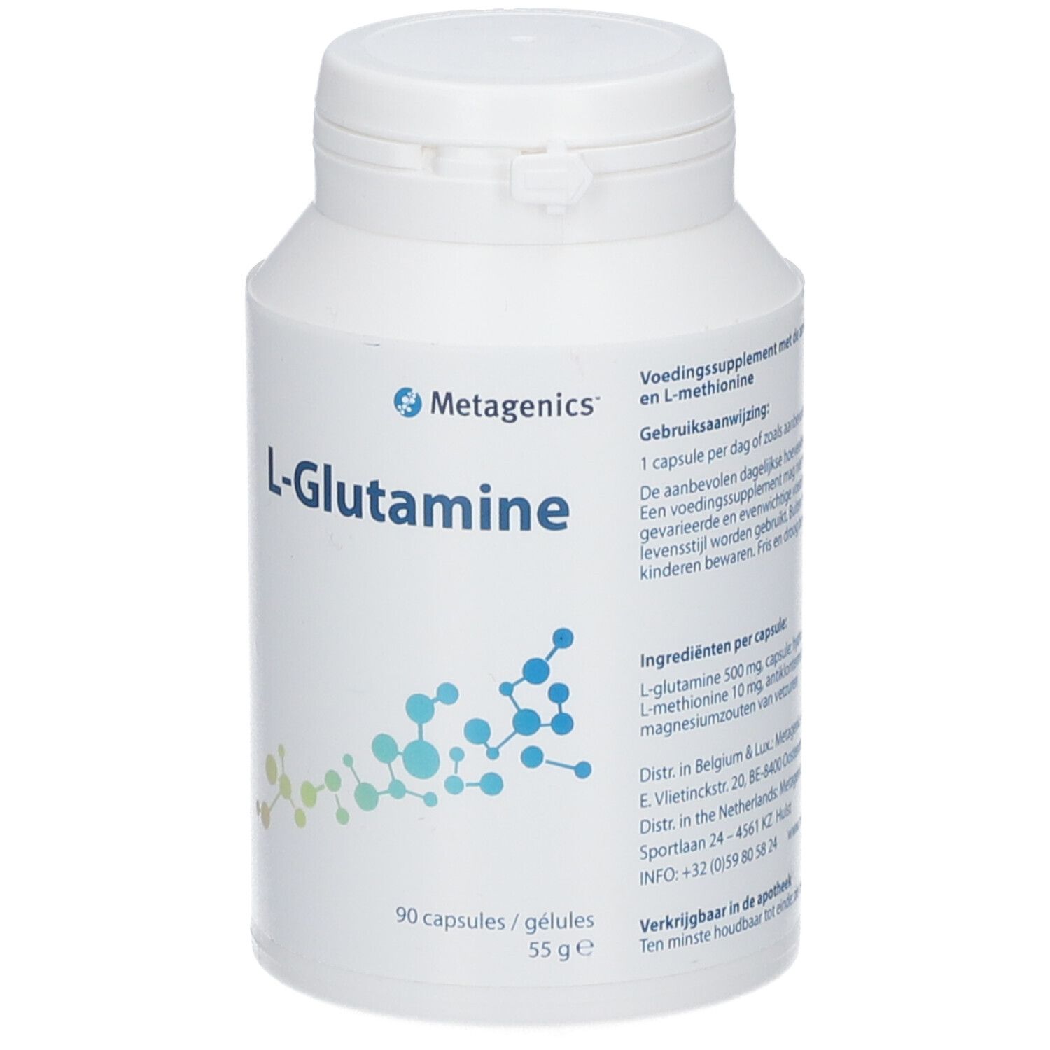 Barattolo bianco con capsule di L-Glutammina. Scritta: Metagenics, 90 capsule. Grafica molecolare blu e verde.