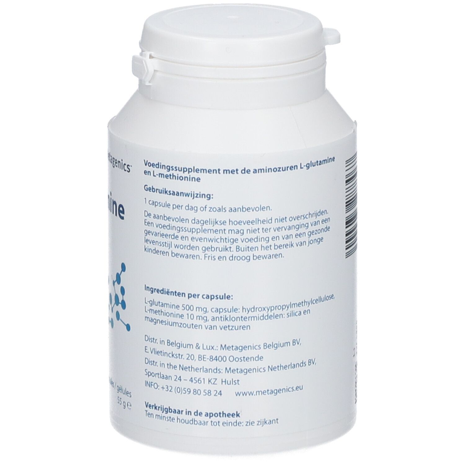 Barattolo bianco con capsule di L-Glutammina. Scritta: Metagenics, 90 capsule. Grafica molecolare blu e verde.