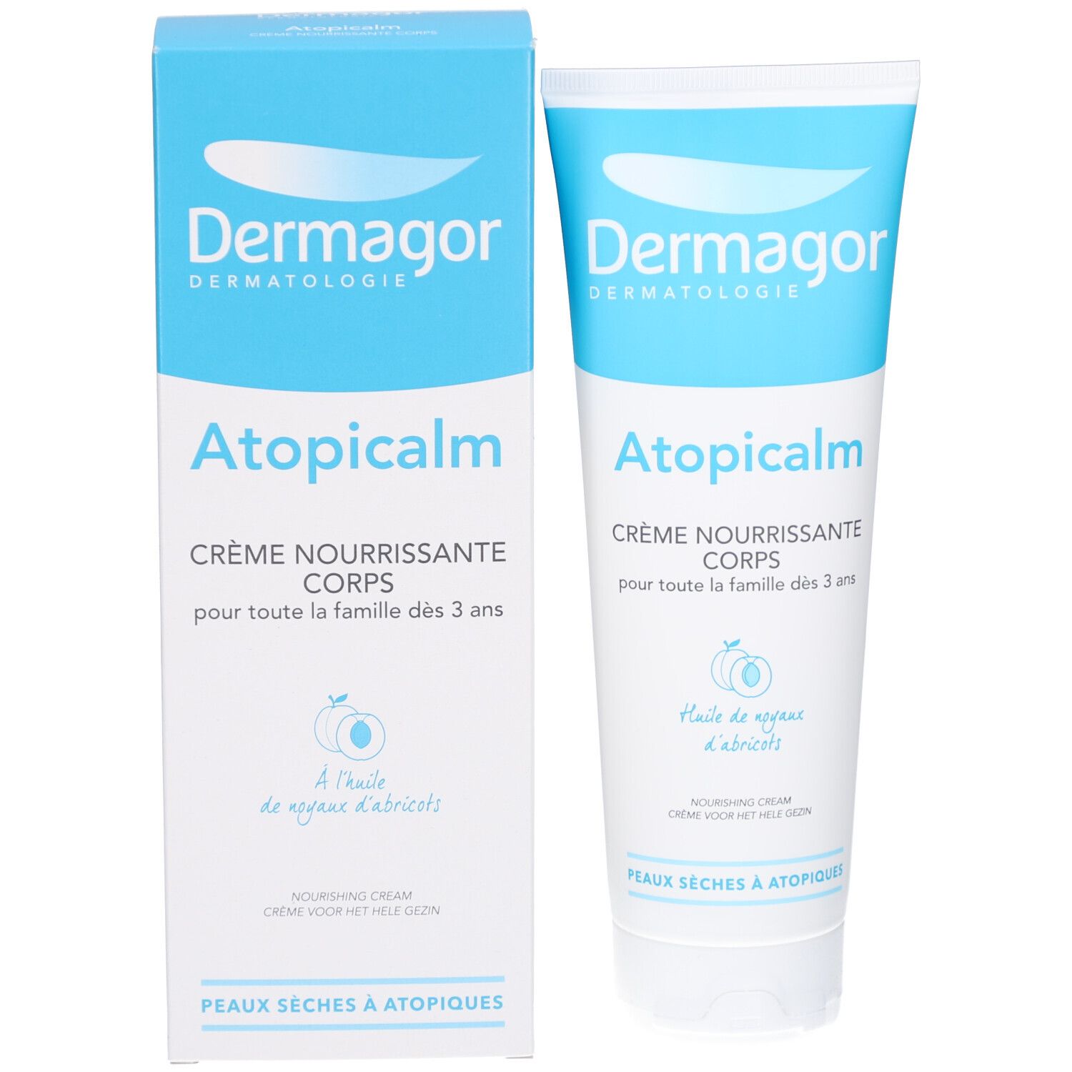 Confezione del prodotto: tubo e scatola. Entrambi mostrano il logo e il nome del prodotto. Testo: Atopicalm, Crème Nourrissante Corps. Con olio di albicocca.