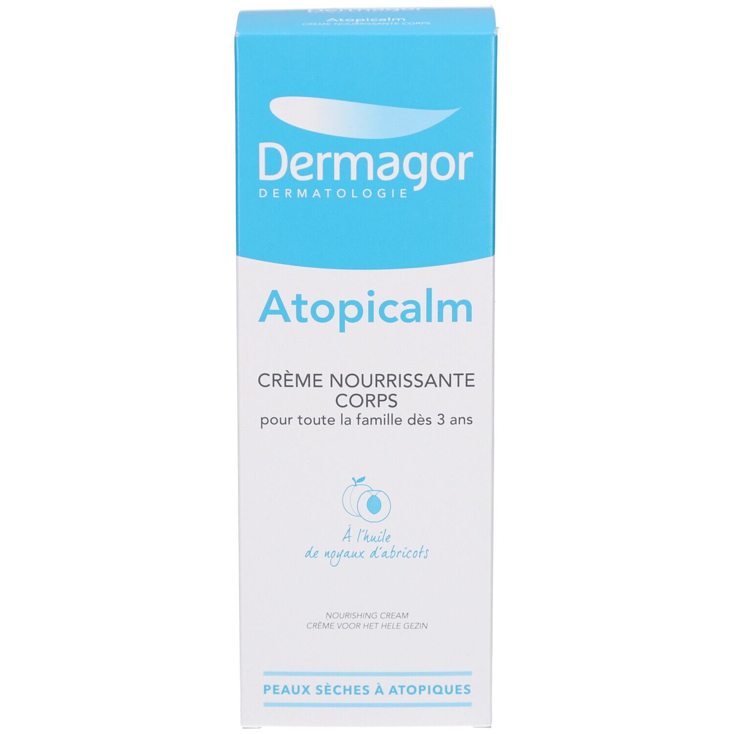 Confezione del prodotto: scatola con logo e nome del prodotto. Testo: Atopicalm, Crème Nourrissante Corps. Con olio di albicocca. Per pelli secche e atopiche.