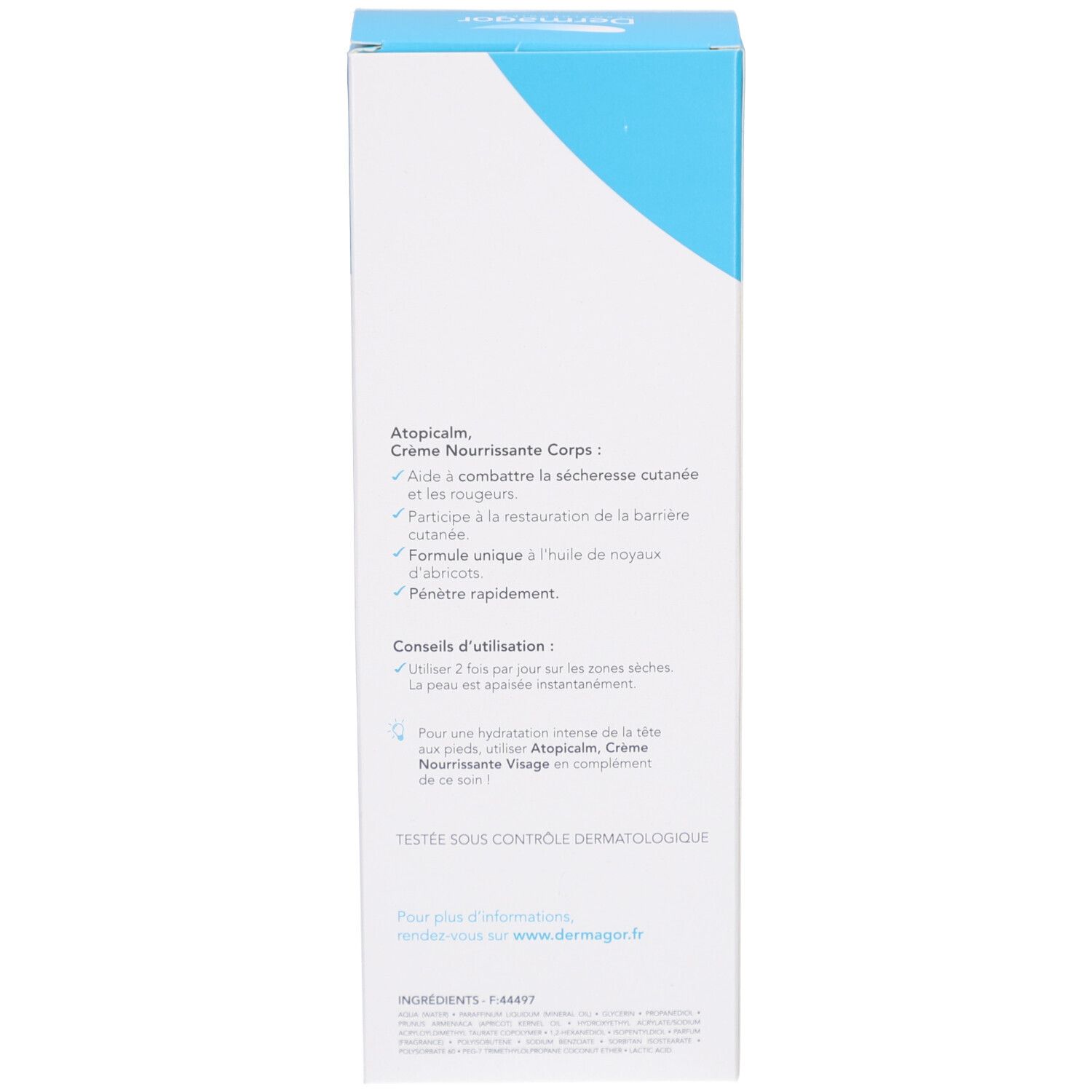 Lato della scatola. Testo: Atopicalm, Crème Nourrissante Corps. Istruzioni per l'uso. Testato dermatologicamente. Ingredienti.