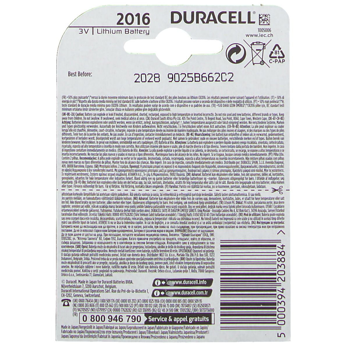 DURACELL® Batterie a Bottone al Litio 2016 3V