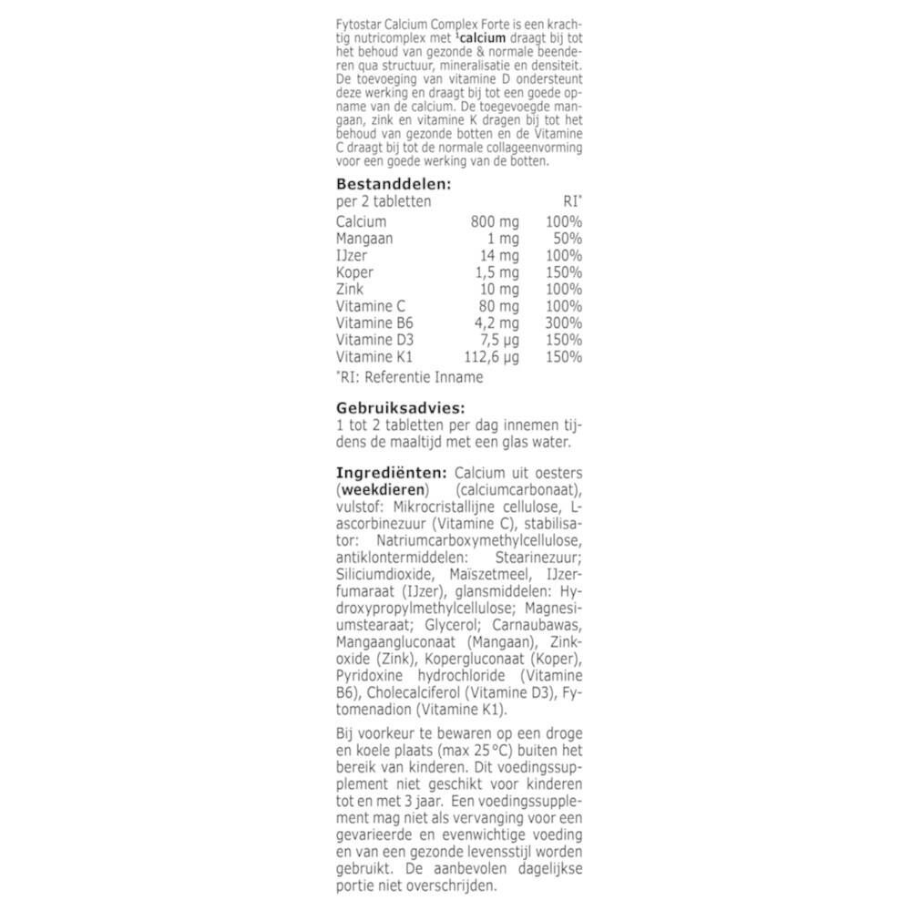 Testo su sfondo bianco. Contiene informazioni su Calcium Complex Forte, ingredienti, dosaggio e informazioni nutrizionali.