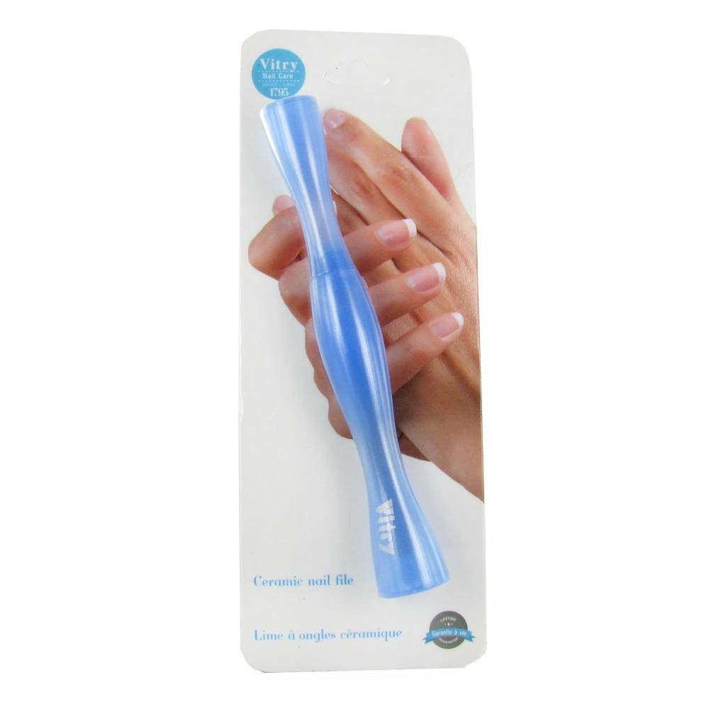 Lima per unghie in ceramica blu, confezionata. Marchio Vitry. Scritta: Ceramic nail file, Lime à ongles céramique.