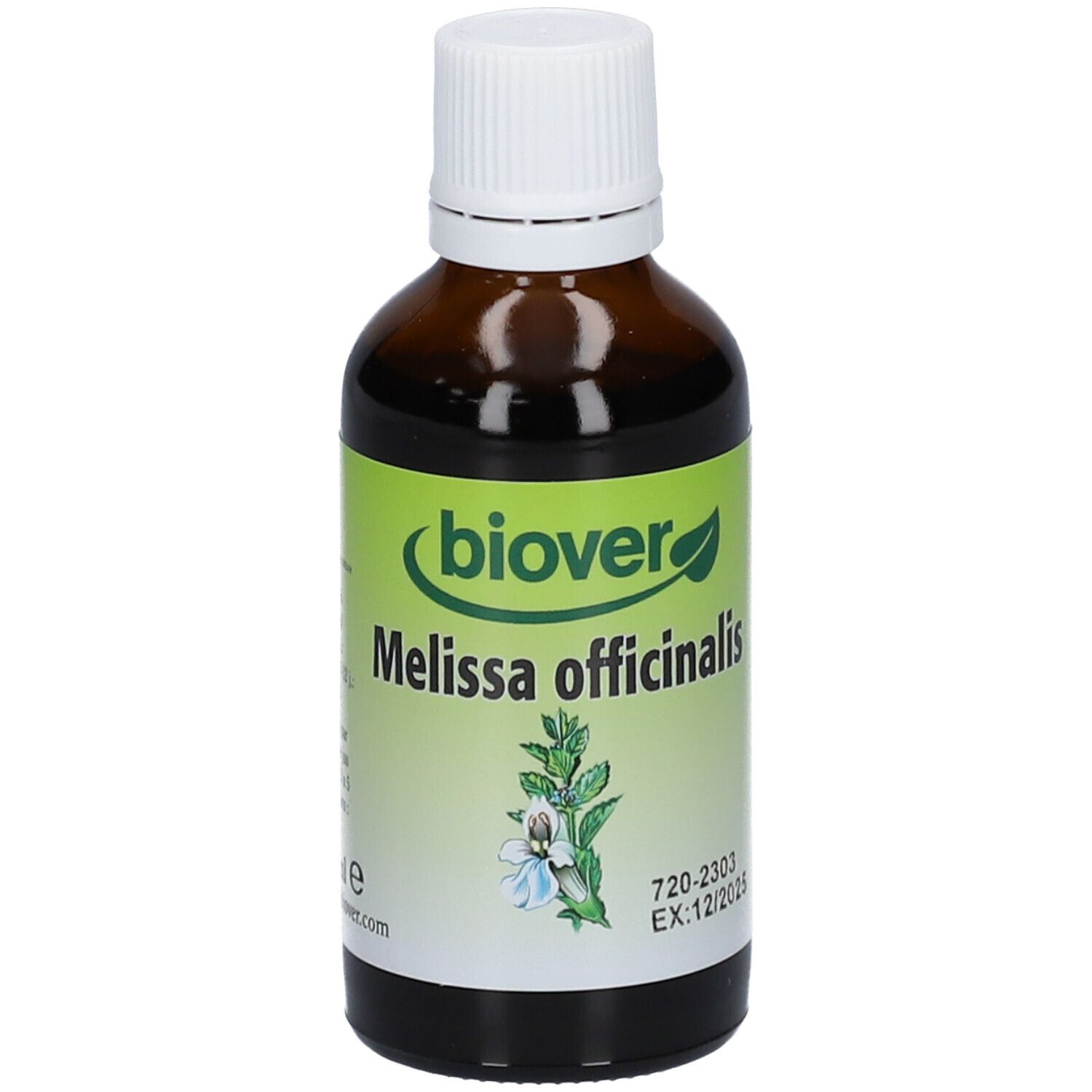 Flacone di vetro marrone con tappo bianco. Etichetta "Biover Melissa officinalis". Scadenza: EX:12/2025.