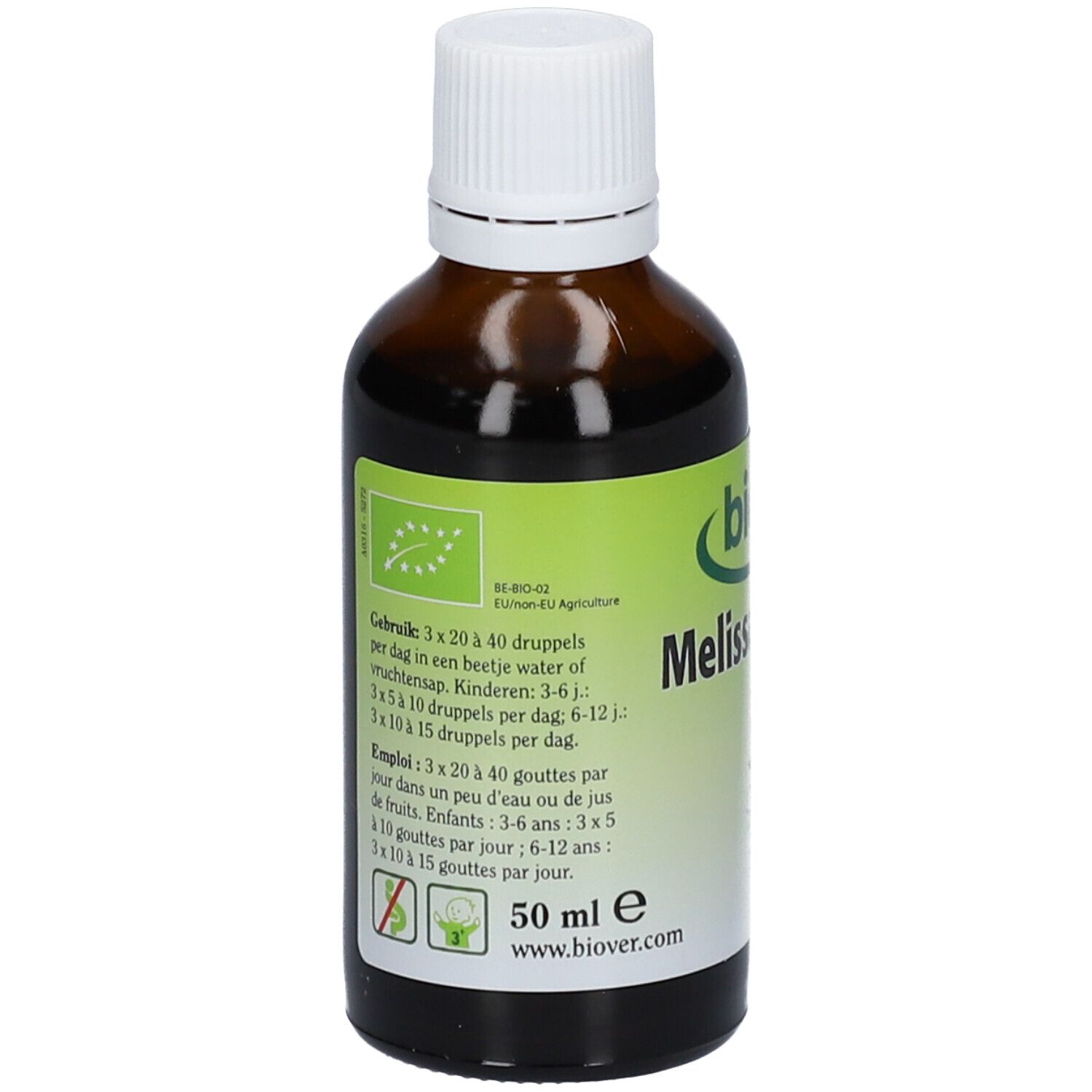 Flacone di vetro marrone con tappo bianco. Etichetta con testo e sigillo bio. Contiene 50 ml. Indicazioni di dosaggio.