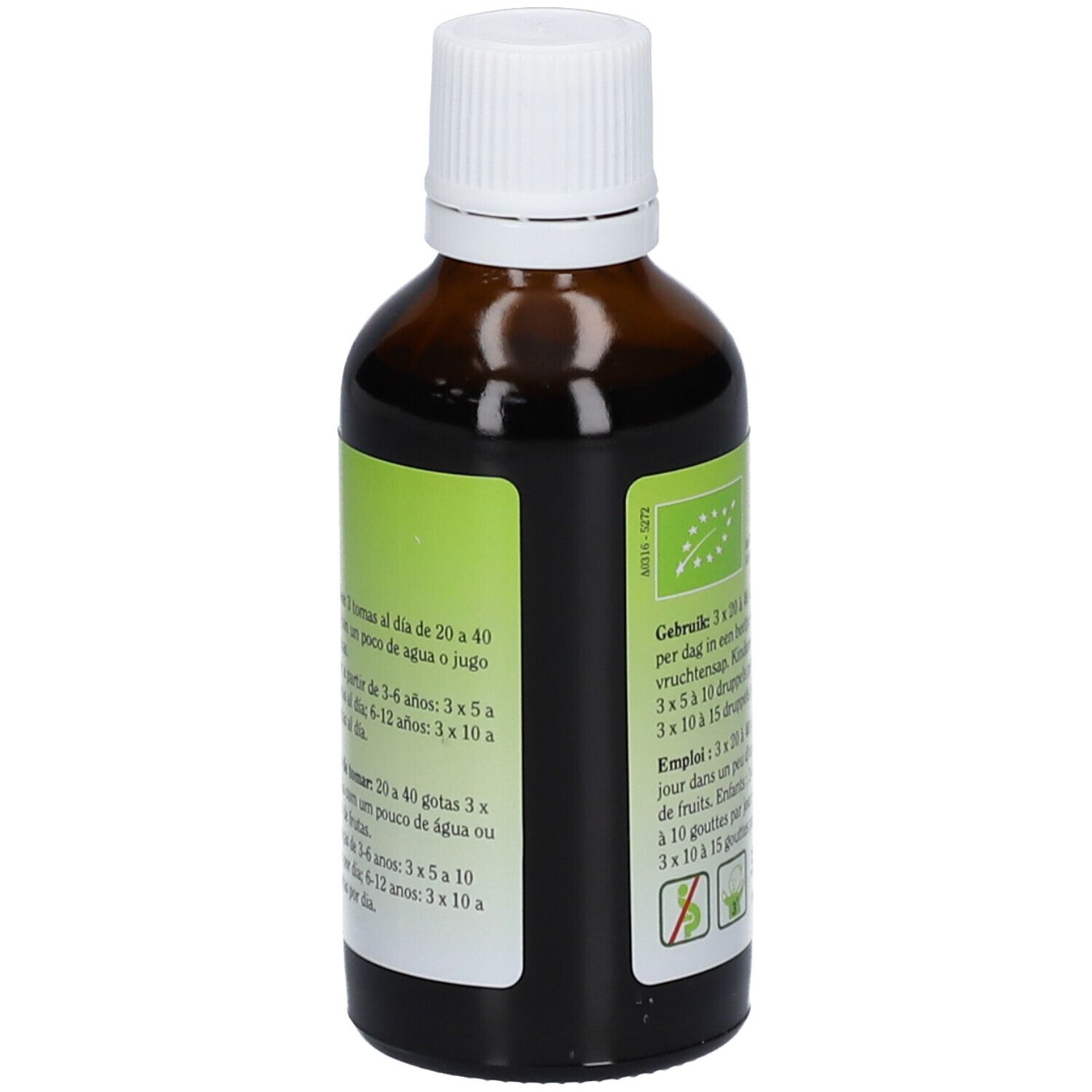 Flacone di vetro marrone con tappo bianco. Etichetta con testo e sigillo bio. Indicazioni di dosaggio.