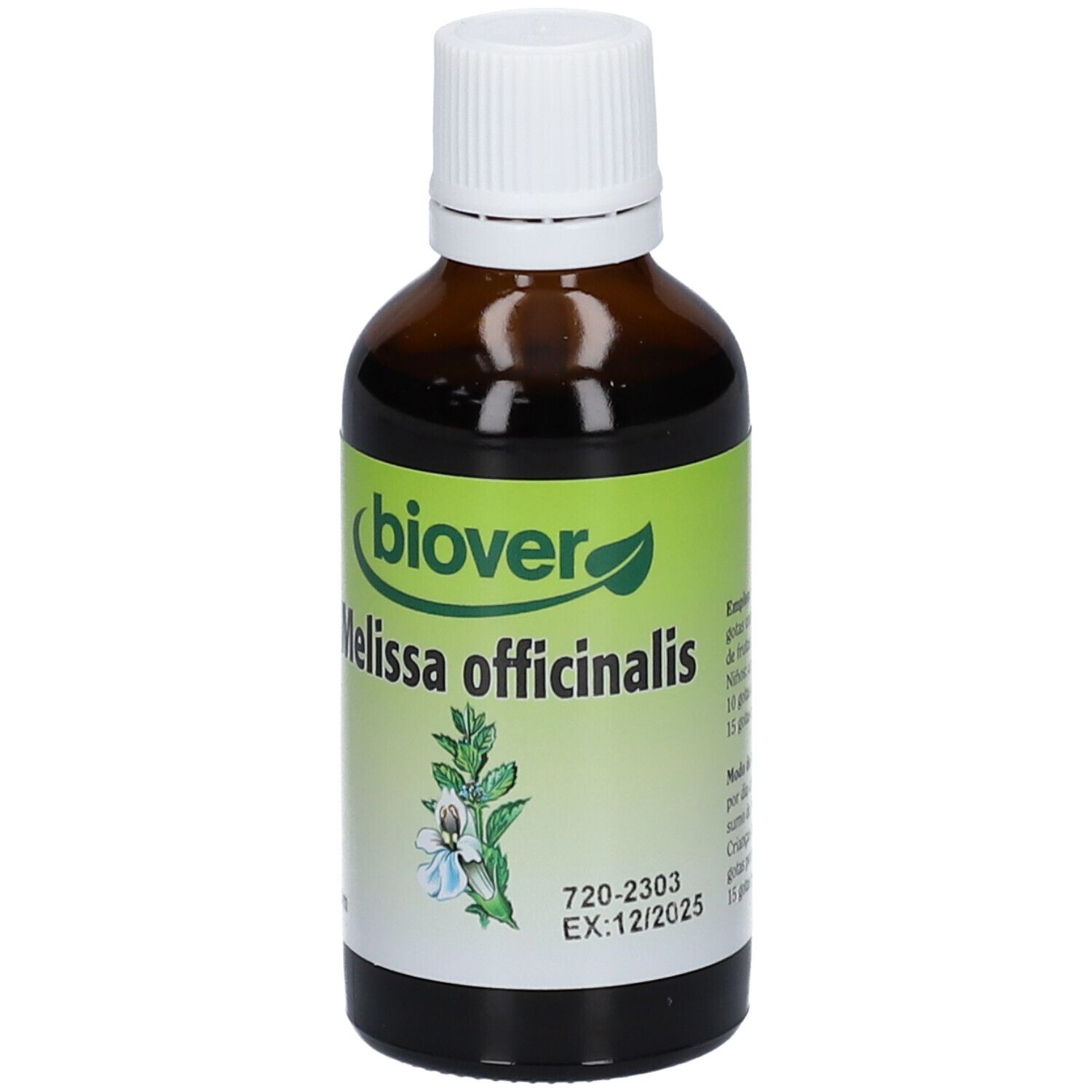 Flacone di vetro marrone con tappo bianco. Etichetta "Biover Melissa officinalis". Scadenza: EX:12/2025.