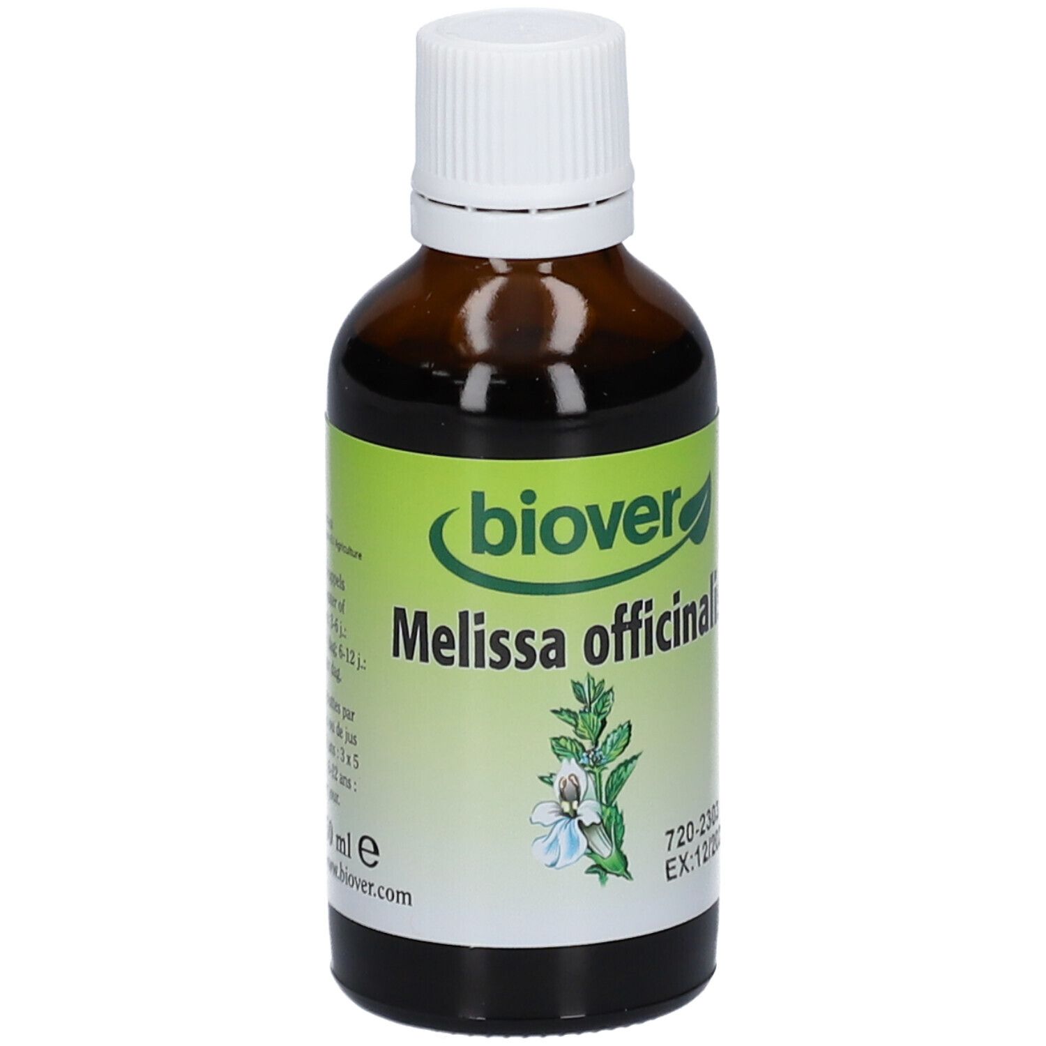 Flacone di vetro marrone con tappo bianco. Etichetta "Biover Melissa officinalis". Contiene 50 ml.