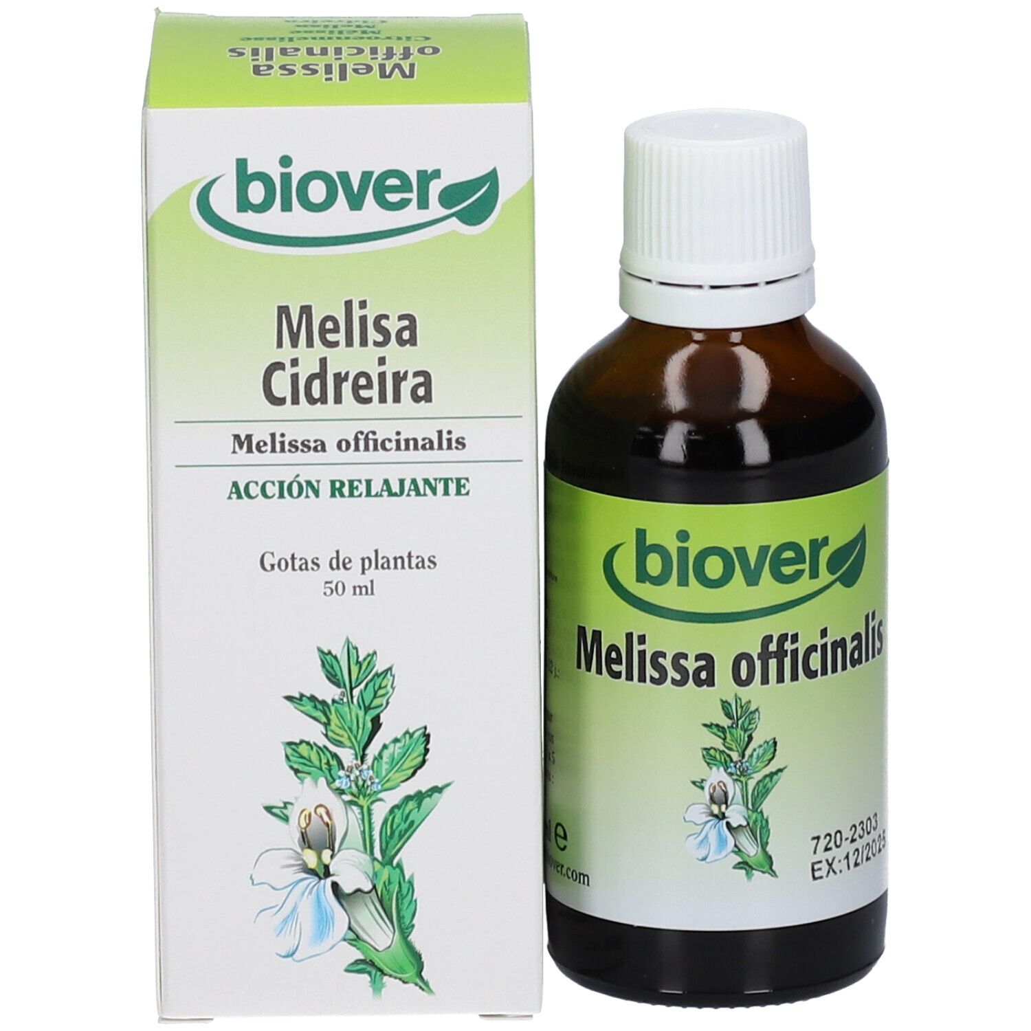 Confezione del prodotto con flacone. Flacone: vetro marrone, tappo bianco, etichetta "Biover Melissa officinalis". Scatola: verde-bianco, testo.