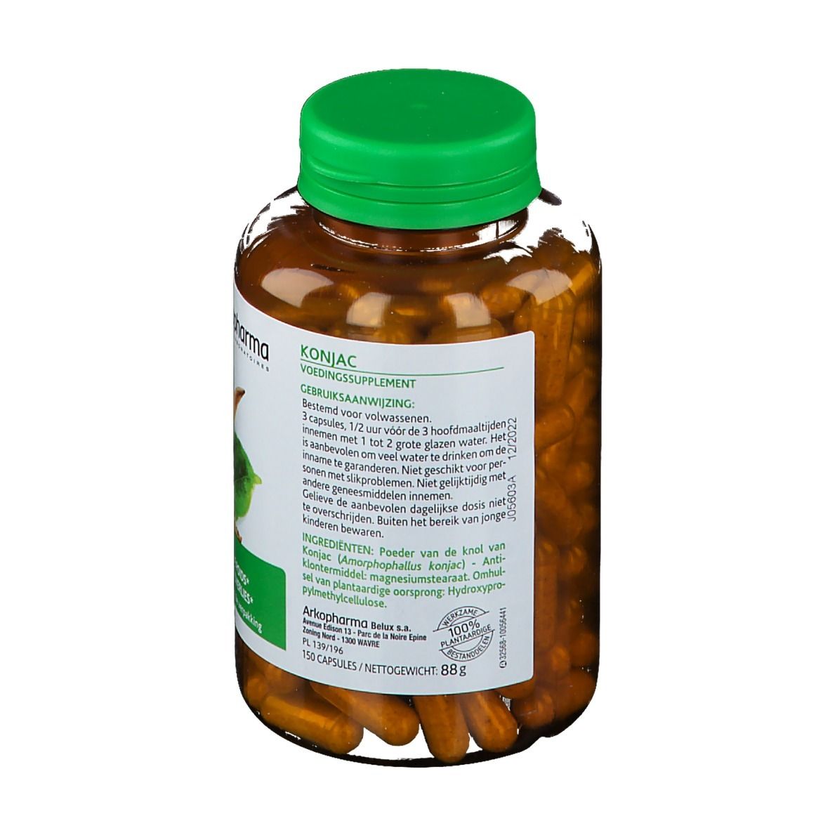 Retro di un flacone di capsule marroni. Etichetta con testo: Konjac, istruzioni per l'uso, elenco ingredienti e logo.
