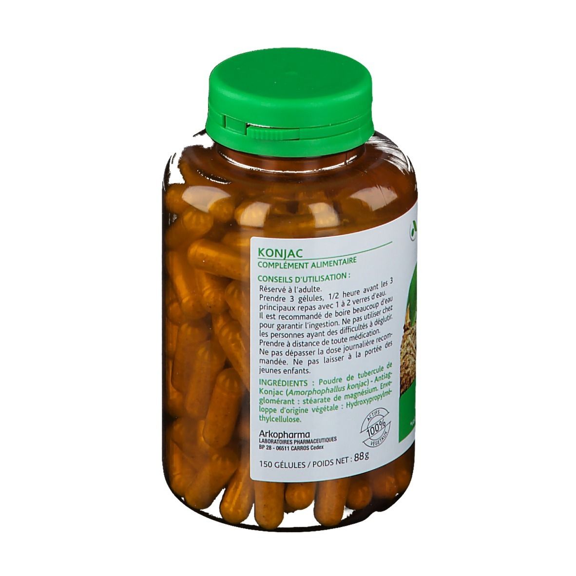 Retro di un flacone di capsule marroni. Etichetta con testo: Konjac, consigli per l'uso, elenco ingredienti e logo.