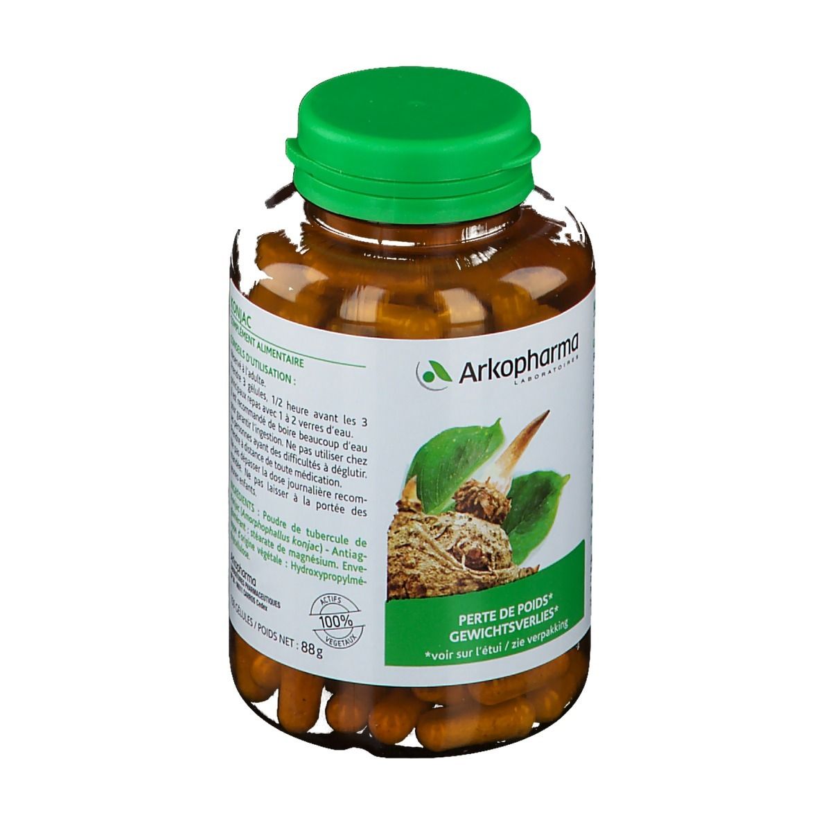 Flacone trasparente con tappo verde, pieno di capsule marroni. Etichetta con logo, illustrazione di konjac e testo: Perte de Poids.