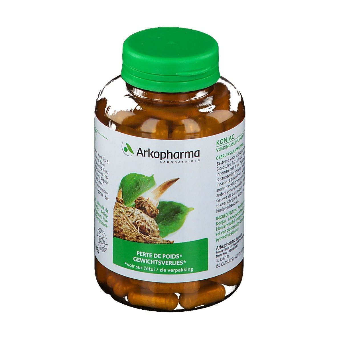 Flacone trasparente con tappo verde, pieno di capsule marroni. Etichetta con logo, illustrazione di konjac e testo: Perte de Poids.