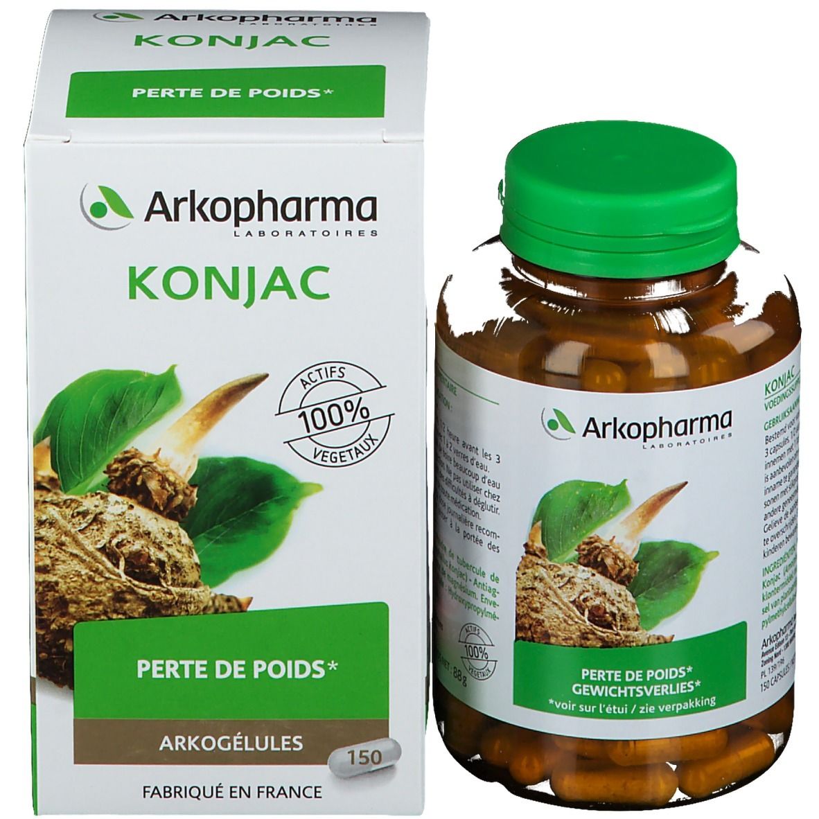 Confezione del prodotto con flacone e scatola. Scatola con logo, illustrazione di konjac e testo: Konjac, Perte de Poids. Flacone accanto.