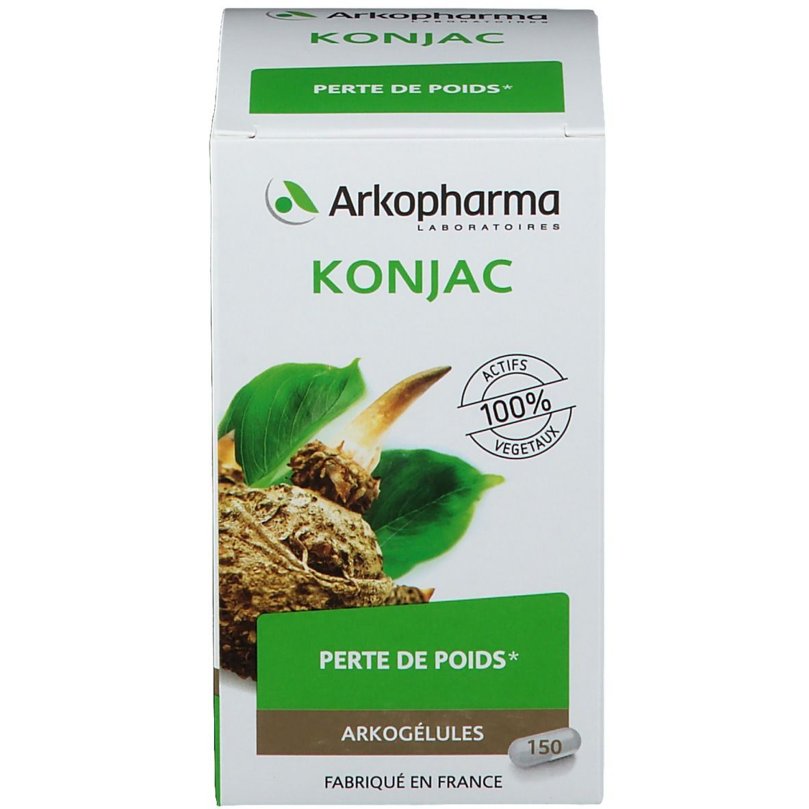 Scatola bianca con logo, illustrazione di konjac e testo: Konjac, Perte de Poids. Aktifs 100% Vegetaux.