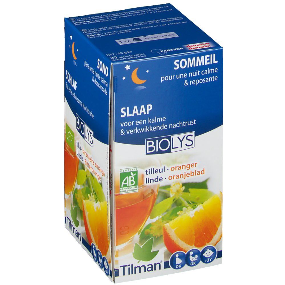 Scatola Biolys Tilleul - Oranger. Immagine di arancia e bevanda. Etichetta AB bio. Testi: Slaap, Sommeil, Sono.