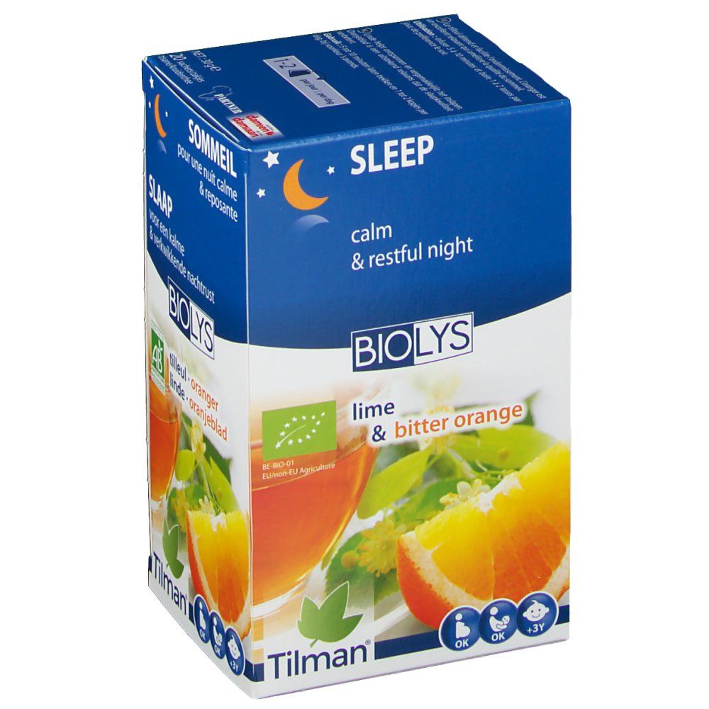 Scatola Biolys con arancia e bevanda. Testo: Sleep, calm & restful night. Etichetta AB bio. Testo: Lime & bitter orange.